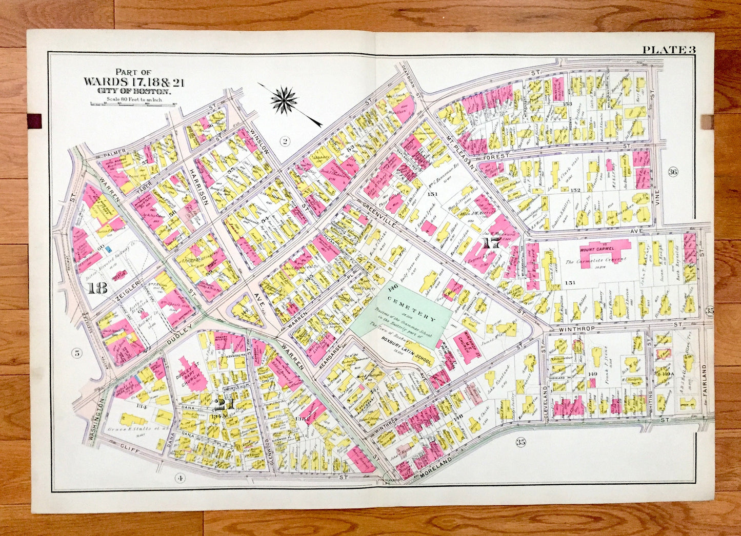 Antique 1906 Roxbury, Massachusetts Map from GW Bromley Atlas – Boston, Suffolk County, Fort Hill, Dudley Square, Hibernian Hall, Malcolm X