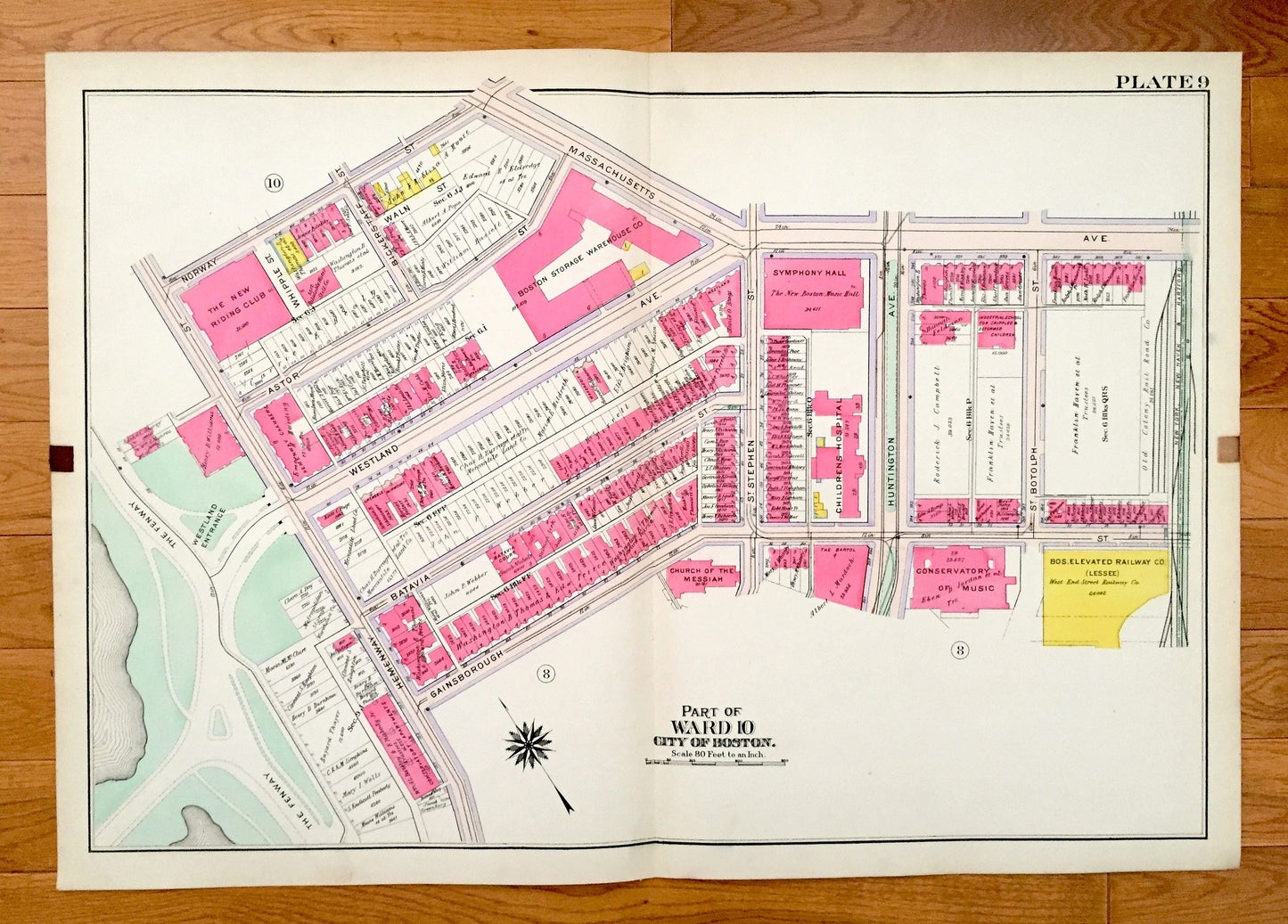 Antique 1906 Fenway-Kenmore, Boston, Massachusetts Map from GW Bromley Atlas – Suffolk County, Northeastern, Back Bay Fens, Symphony MA