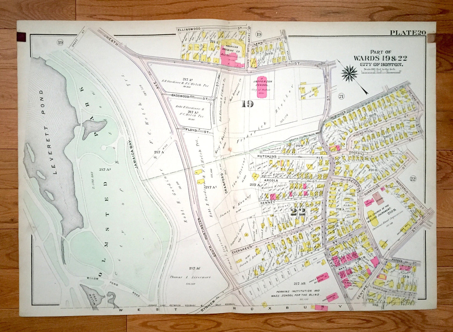 Antique 1906 Brookline, Massachusetts Map from GW Bromley Atlas – Boston, Suffolk County, Roxbury, Mission Hill, Lower, Riverway, Olmsted