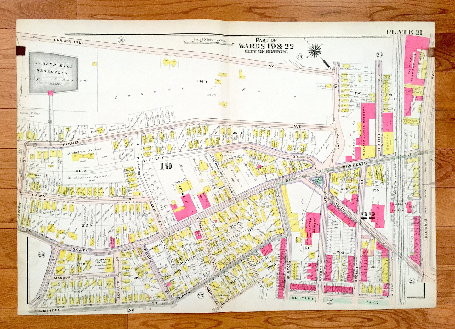 Antique 1906 Brookline, Massachusetts Map from GW Bromley Atlas – Boston, Suffolk County, Roxbury, Mission Hill, Lower, Heath Square, Fort