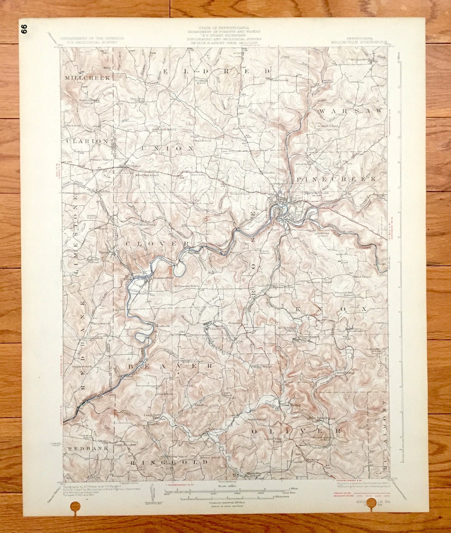 Antique Brookville, Pennsylvania 1926 US Geological Survey Topographic Map - Pine Creek, Warsaw, Eldred, Millcreek, Union, Limestone, Oliver