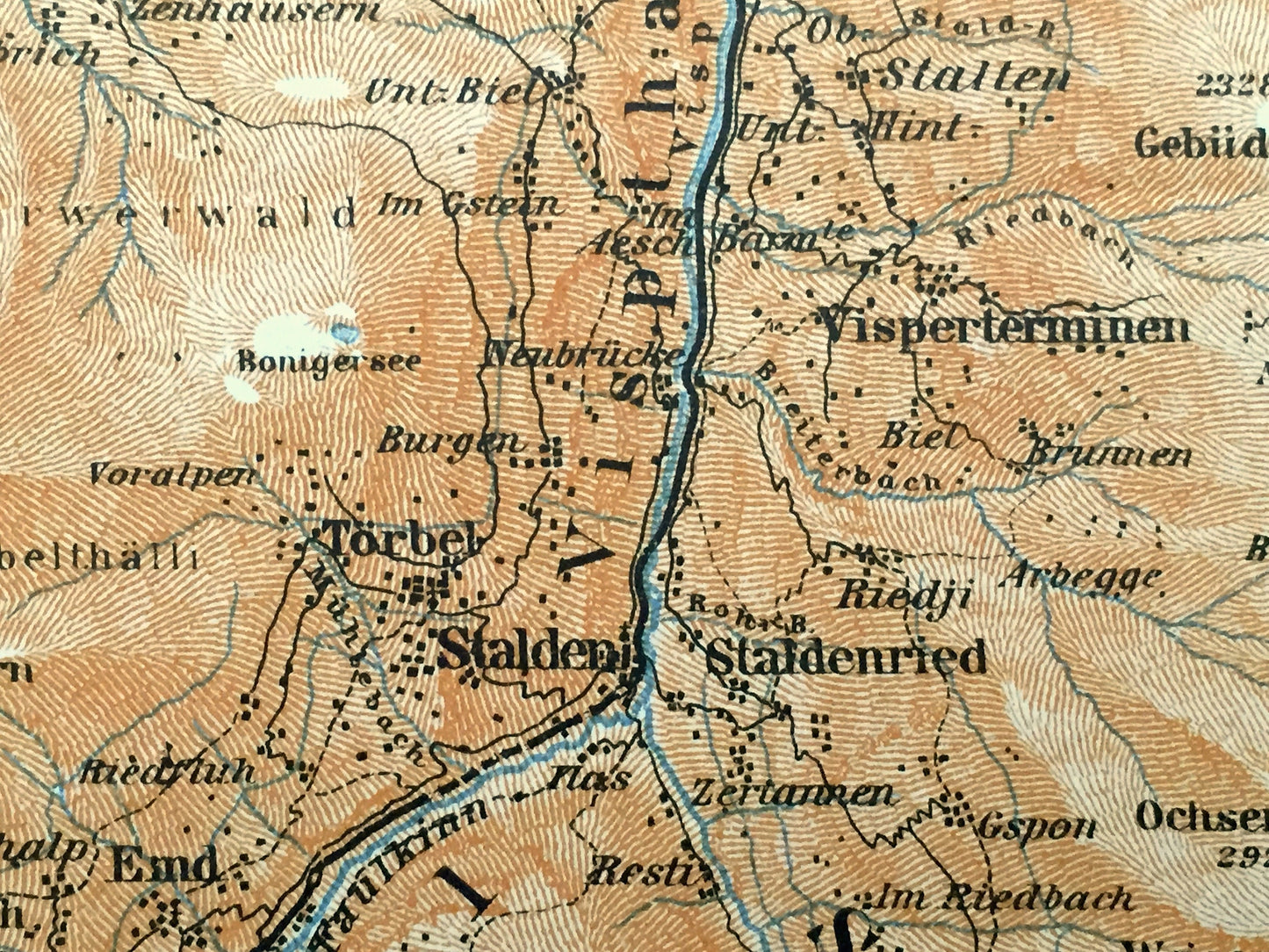 Antique 1913 Brig, Switzerland Map from Baedekers Guide Atlas – Visp, Raron, Gampel, Stalden, Randa, Dom, Tasch, Saas Grund, Balen, Torbel