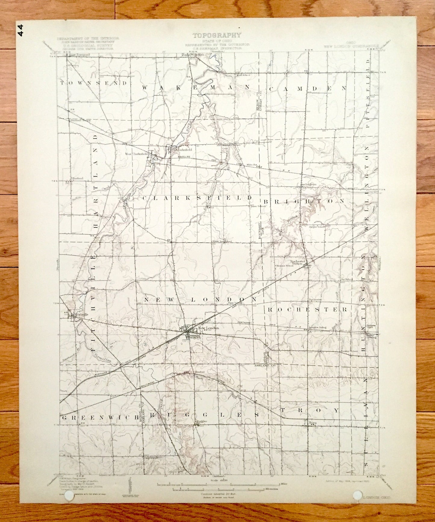 Antique New London, Ohio 1908 US Geological Survey Topographic Map - Greenwich, Ruggles, Troy, Sullivan, Rochester, Fitchville, Clarksfield