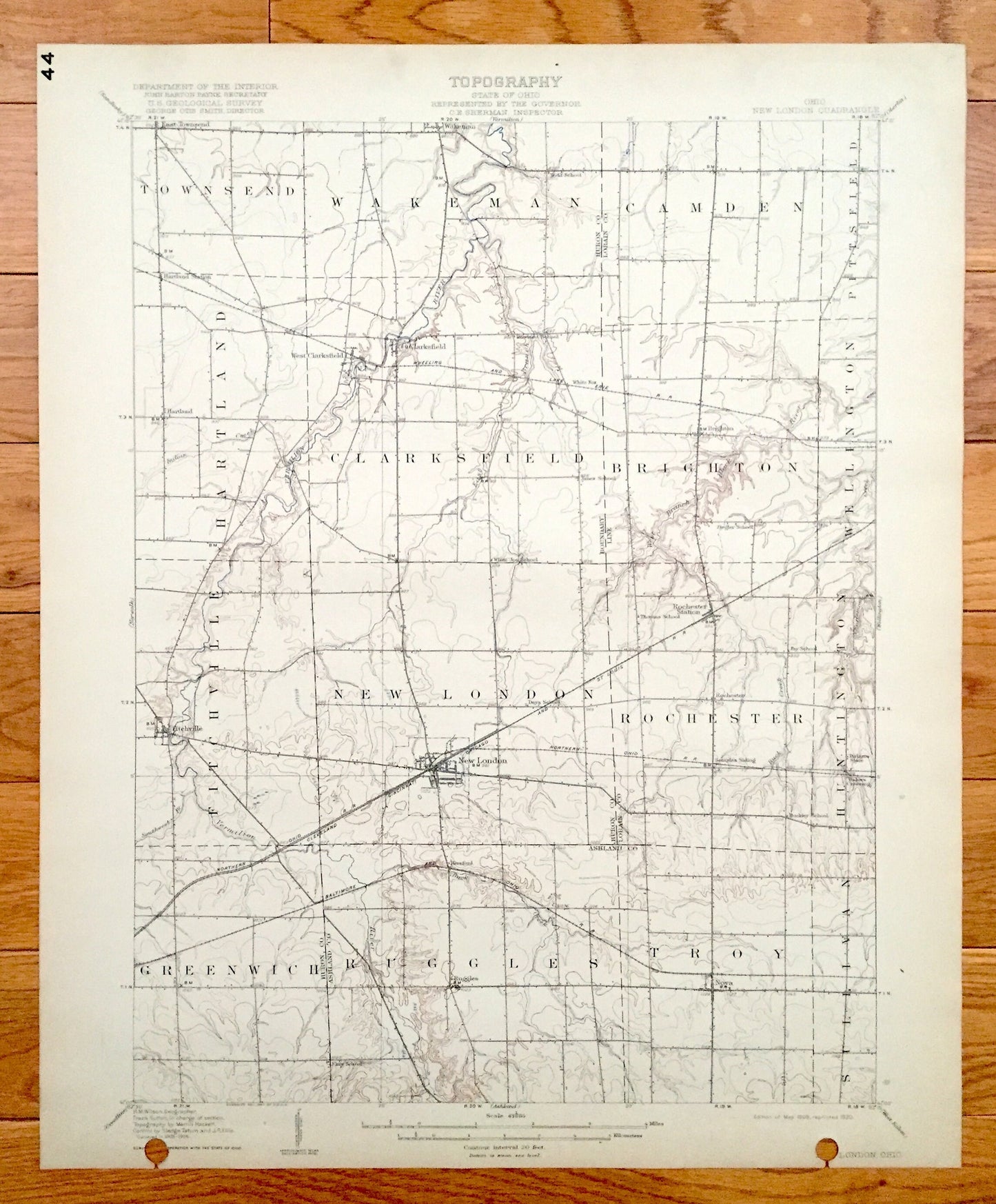 Antique New London, Ohio 1908 US Geological Survey Topographic Map - Greenwich, Ruggles, Troy, Sullivan, Rochester, Fitchville, Clarksfield