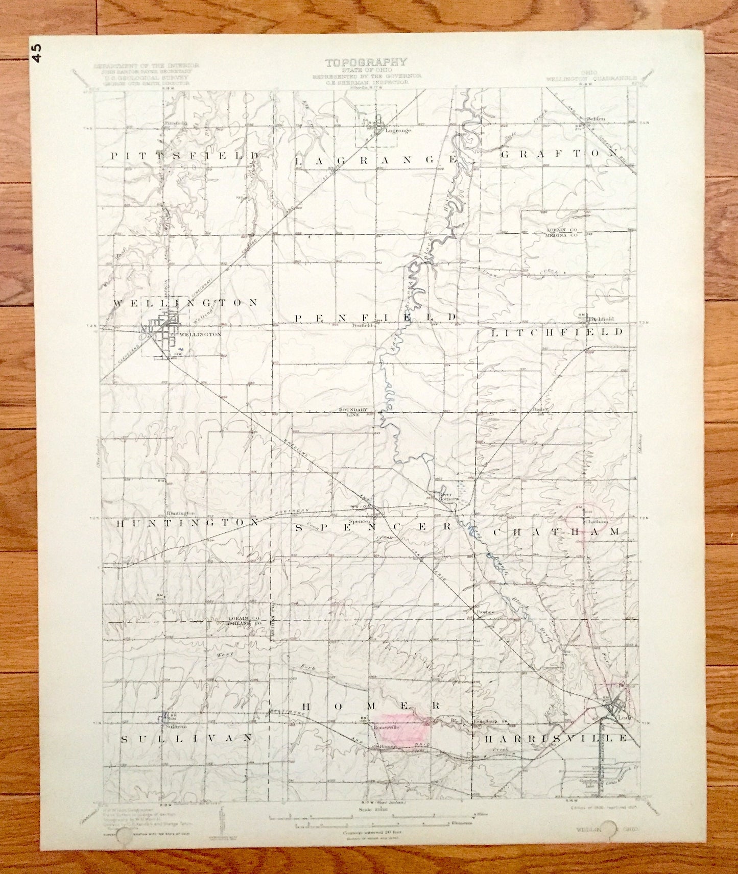 Antique Wellington, Ohio 1906 US Geological Survey Topographic Map – Pittsfield, Lagrange, Grafton, Penfield, Litchfield, Spencer Chatham OH