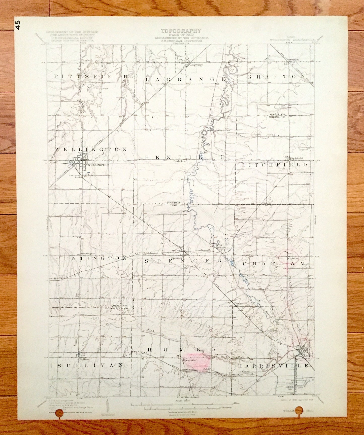 Antique Wellington, Ohio 1906 US Geological Survey Topographic Map – Pittsfield, Lagrange, Grafton, Penfield, Litchfield, Spencer Chatham OH
