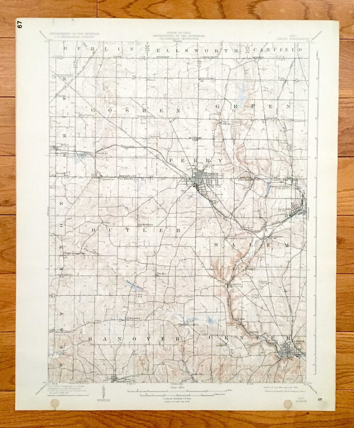 Antique Lisbon, Ohio 1909 US Geological Survey Topographic Map - Mahoning, Columbiana County, Smith, Berlin, Goshen, Green, Butler, Salem OH