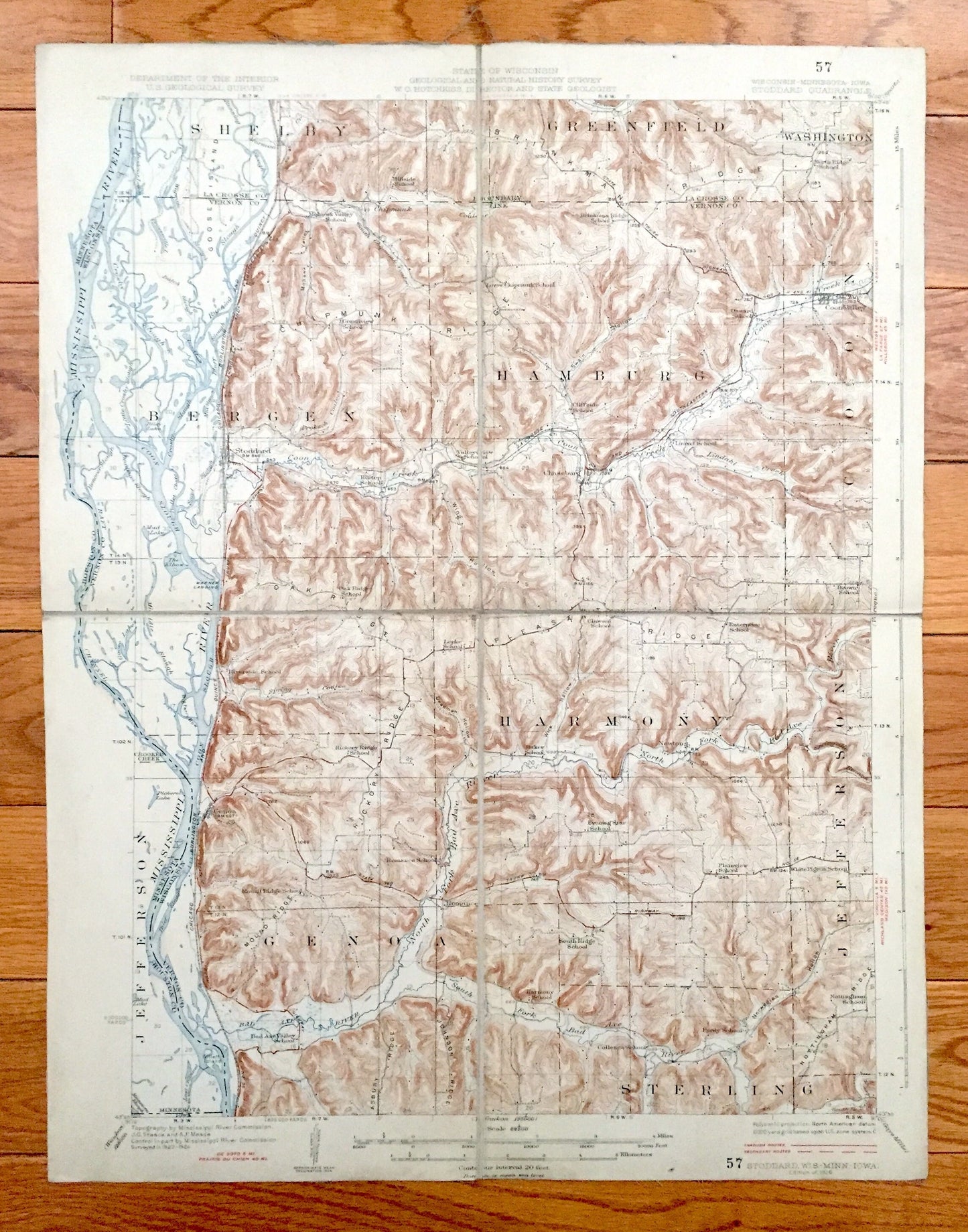 Antique Stoddard, Wisconsin 1926 US Geological Survey Topographic Map – Bergen, Hamburg, Washington, Greenfield, Shelby Harmony Jefferson WI