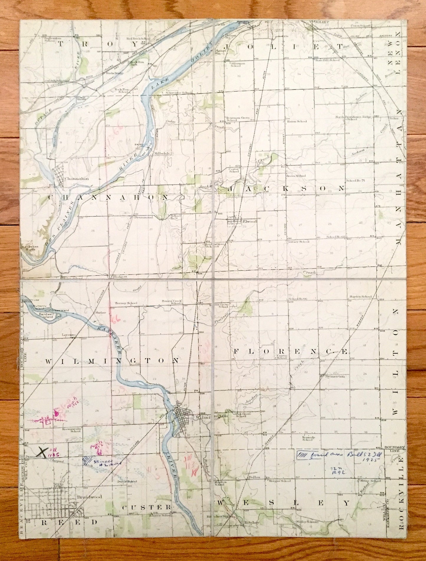 Antique Wilmington, Illinois 1888 US Geological Survey Topographic Map – Florence, Reed, Custer, Wesley, Rockville, Wilton Channahon Troy IL