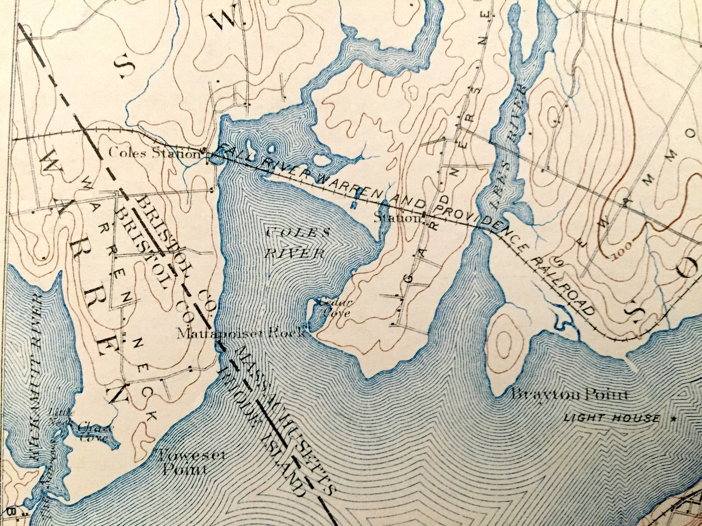 Antique 1893 Fall River, Massachusetts US Geological Survey Topographic Map – Sakonnet River, Swansea, Westport & Tiverton, Rhode Island, MA