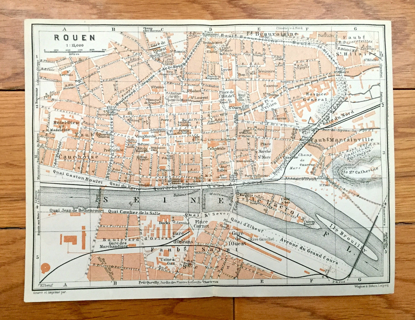 Antique 1909 Rouen, France Map from Baedekers Guide Atlas – Normandy, Seine River, Roman, Gothic, Medieval city, Notre Dame Cathedral