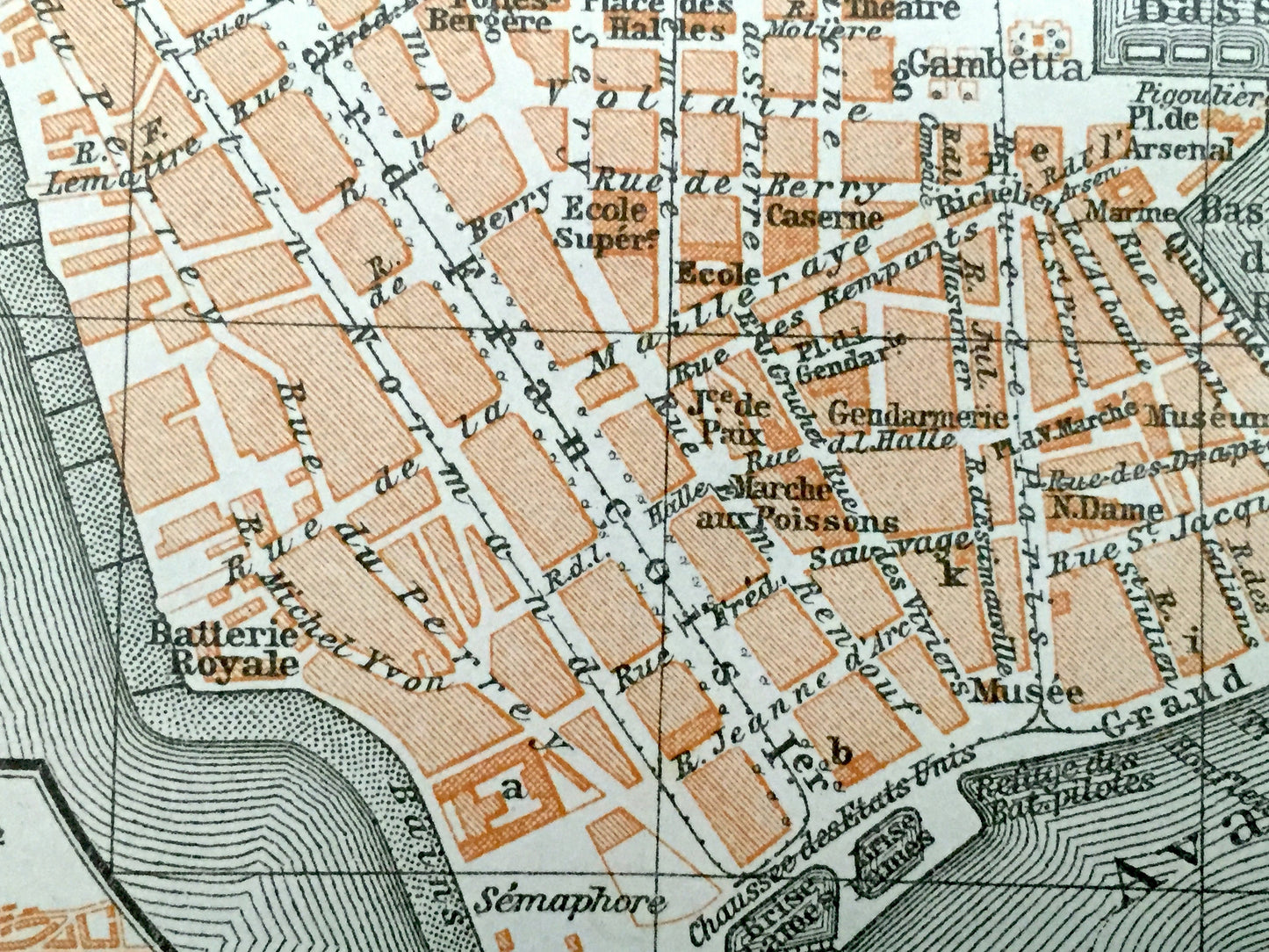 Antique 1909 Le Havre, France Map from Baedekers Guide Atlas – Seine River, Normady, English Channel, Port, Bassin, Boulevard de Strasbourg
