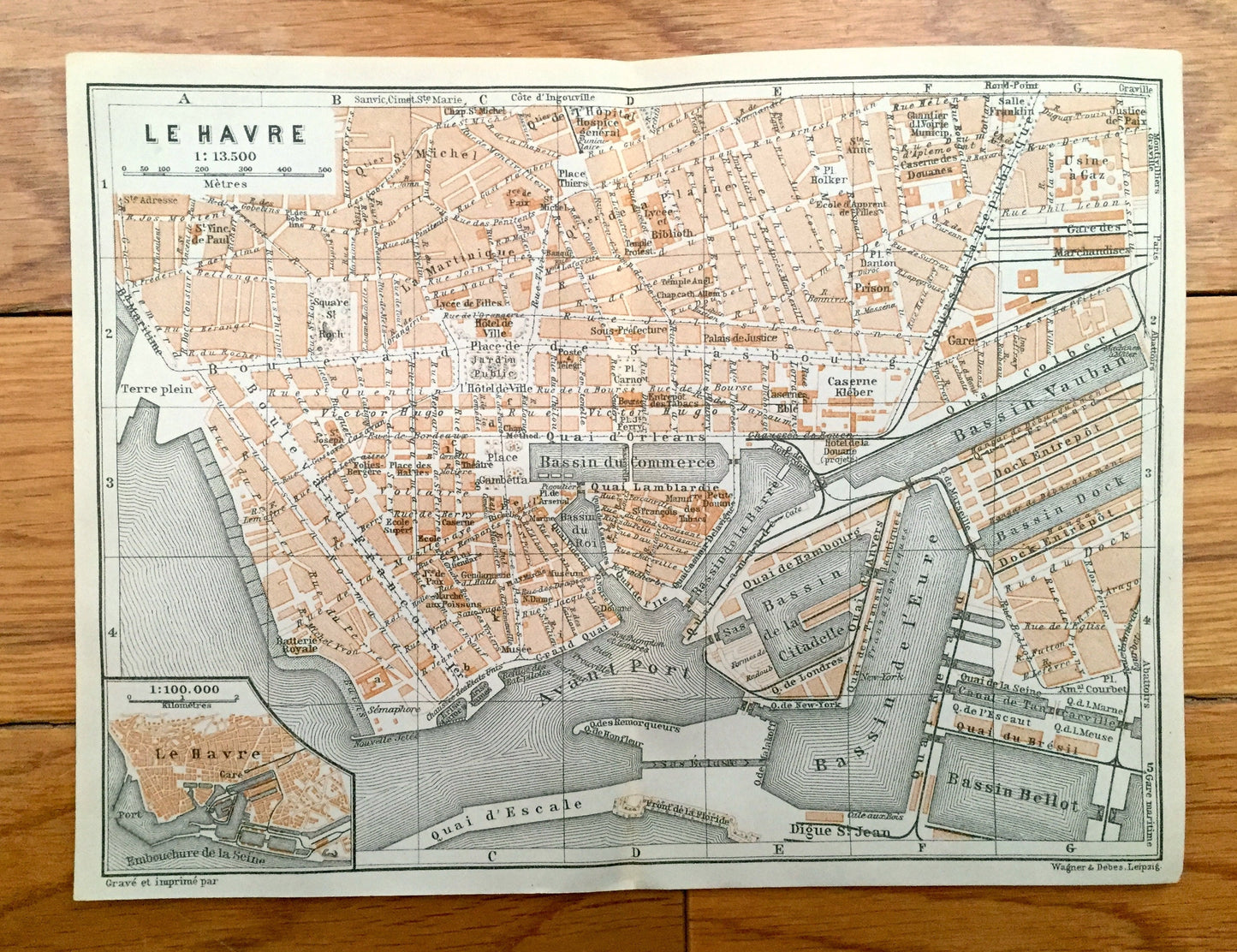 Antique 1909 Le Havre, France Map from Baedekers Guide Atlas – Seine River, Normady, English Channel, Port, Bassin, Boulevard de Strasbourg