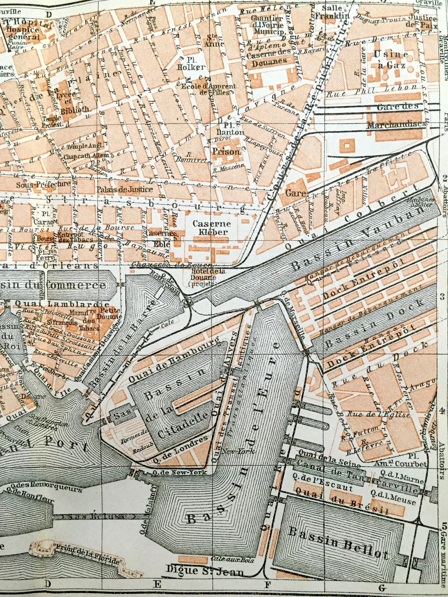 Antique 1909 Le Havre, France Map from Baedekers Guide Atlas – Seine River, Normady, English Channel, Port, Bassin, Boulevard de Strasbourg