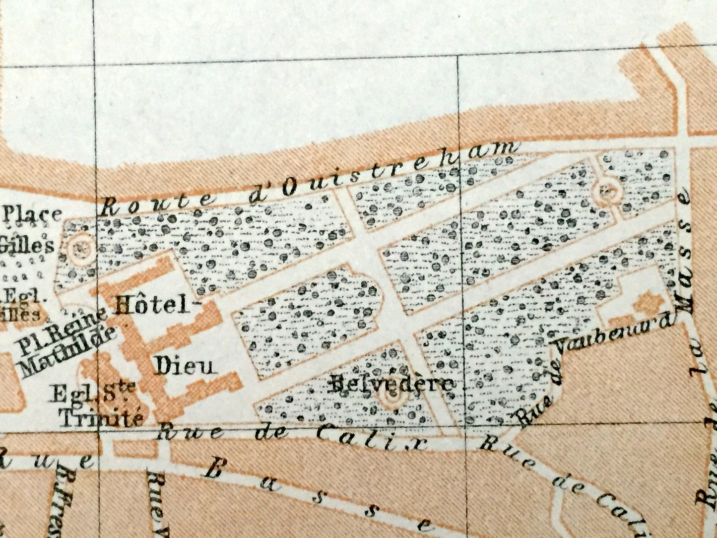 Antique 1909 Caen, France Map from Baedekers Guide Atlas – Calvados department, Normandy, Château de Caen, William the Conquerer, Hippodrome