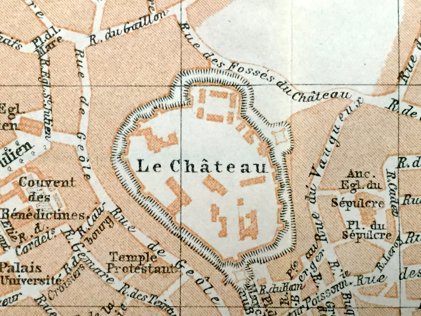 Antique 1909 Caen, France Map from Baedekers Guide Atlas – Calvados department, Normandy, Château de Caen, William the Conquerer, Hippodrome