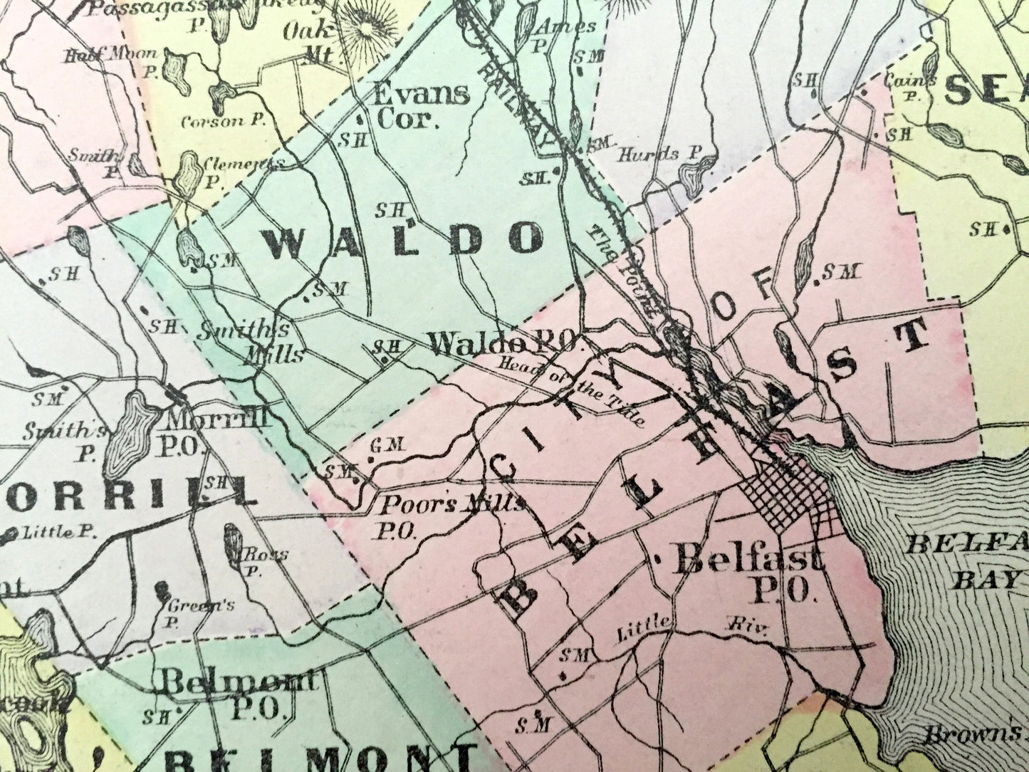 Antique 1888 Waldo County, Maine Map by George N. Colby & Company – Belfast, Searsport, Stockton, Islesboro Northport Fairfield Skowhegan ME