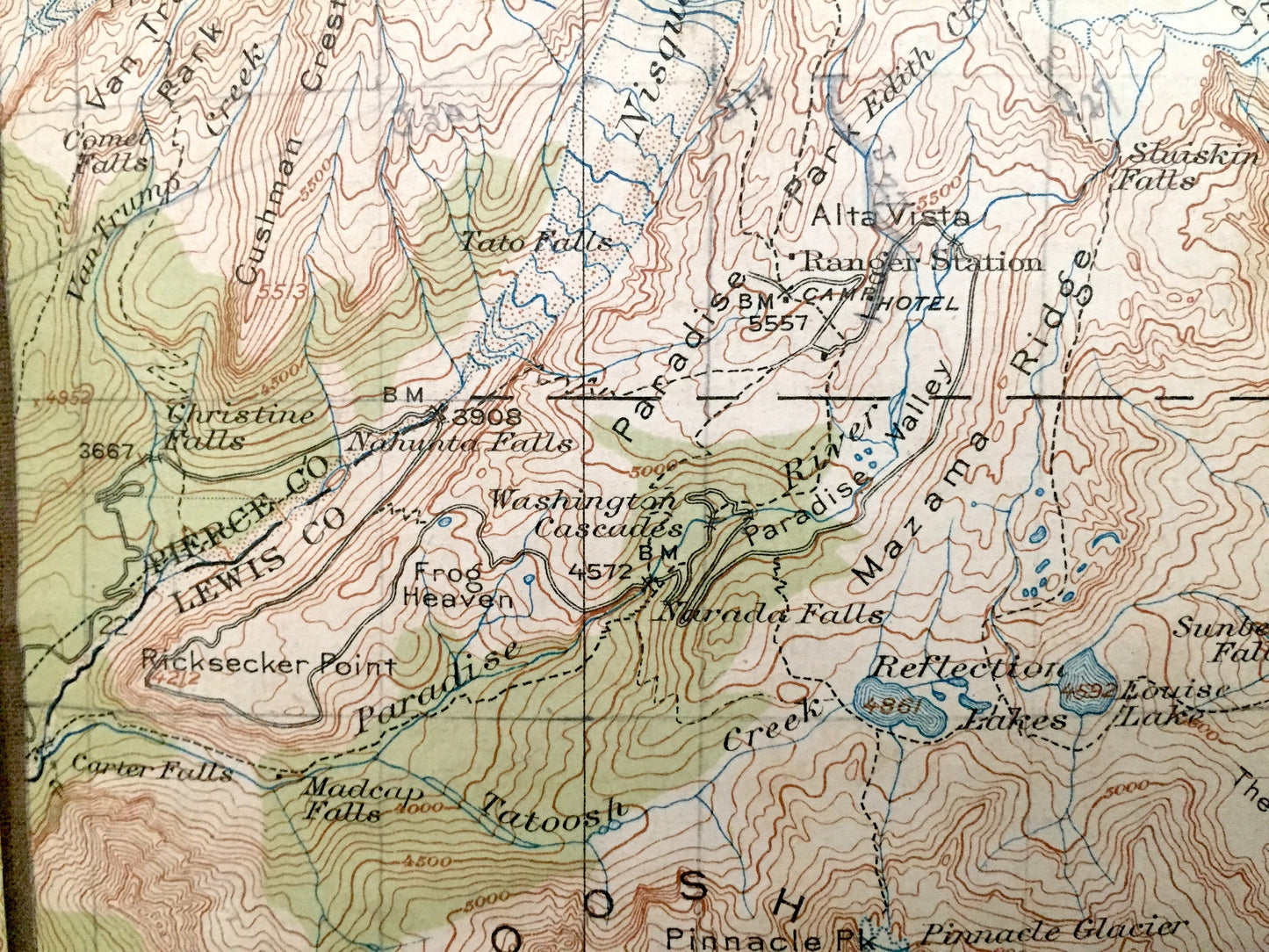 Antique Mt Rainier National Park 1928 US Geological Survey Topographic Map – Pierce County, Cascade Range, Emerald Ridge, Winthrop Mount, WA