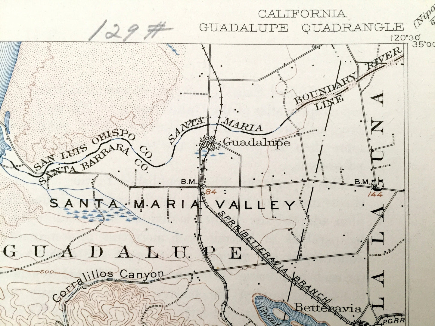Antique Guadalupe, California 1905 US Geological Survey Topographic Map – Santa Barbara, San Luis Obispo County, Casmalia Surf Concepcion CA