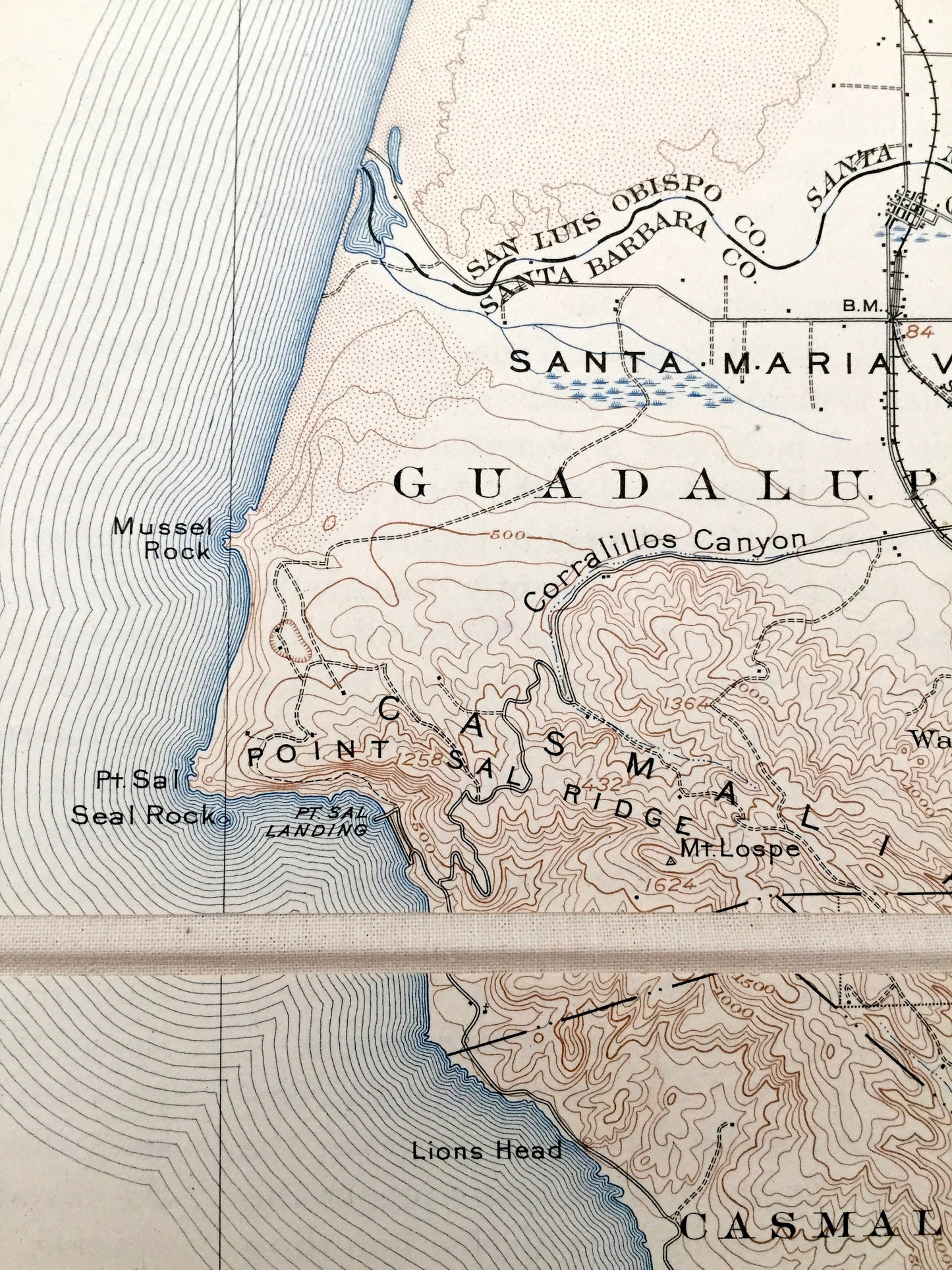 Antique Guadalupe, California 1905 US Geological Survey Topographic Map – Santa Barbara, San Luis Obispo County, Casmalia Surf Concepcion CA