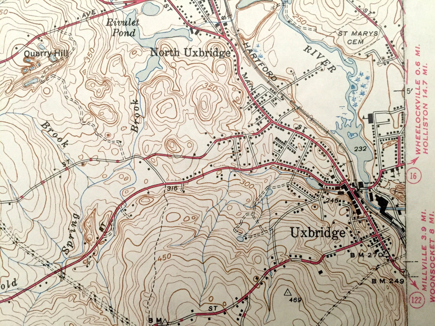 Antique Uxbridge, Massachusetts 1944 US Geological Survey Topographic Map – Sutton, Douglas, Northbridge, Burrillville, Rhode Island, MA RI
