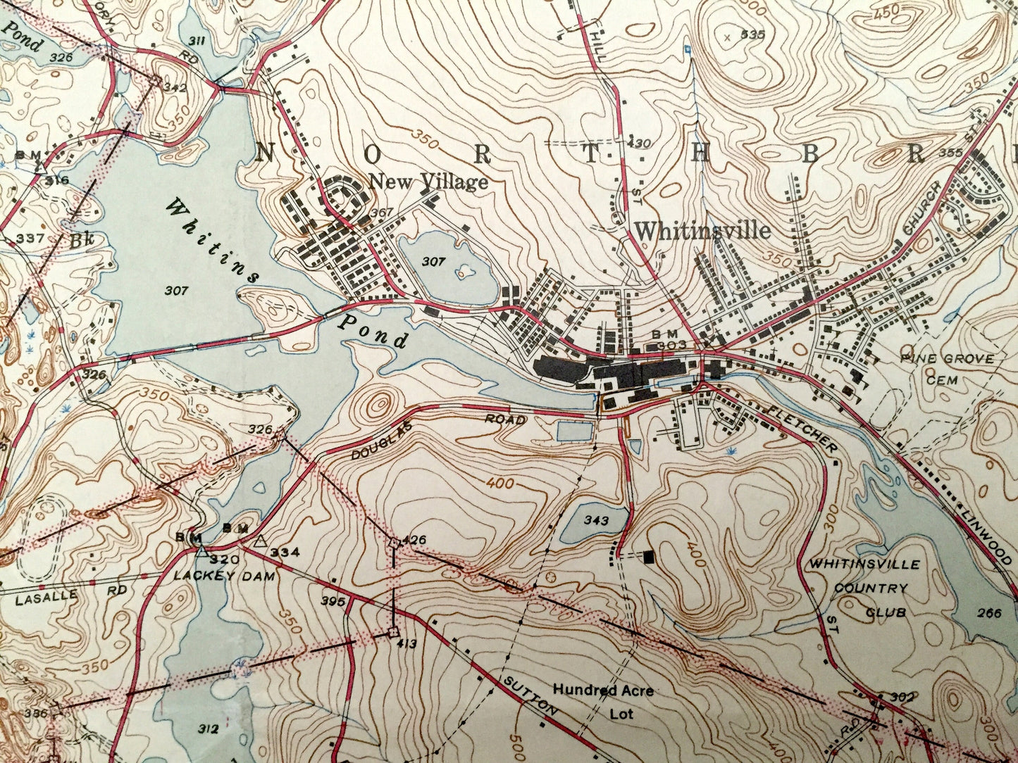 Antique Uxbridge, Massachusetts 1944 US Geological Survey Topographic Map – Sutton, Douglas, Northbridge, Burrillville, Rhode Island, MA RI
