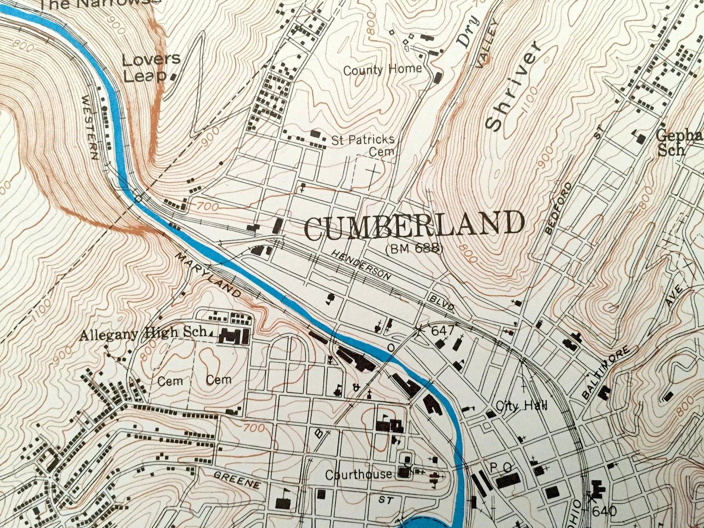 Antique Cumberland, Maryland 1949 US Geological Survey Topographic Map – Allegany County, Pennsylvania, West Virginia, Ridgeley Ellerslie MD