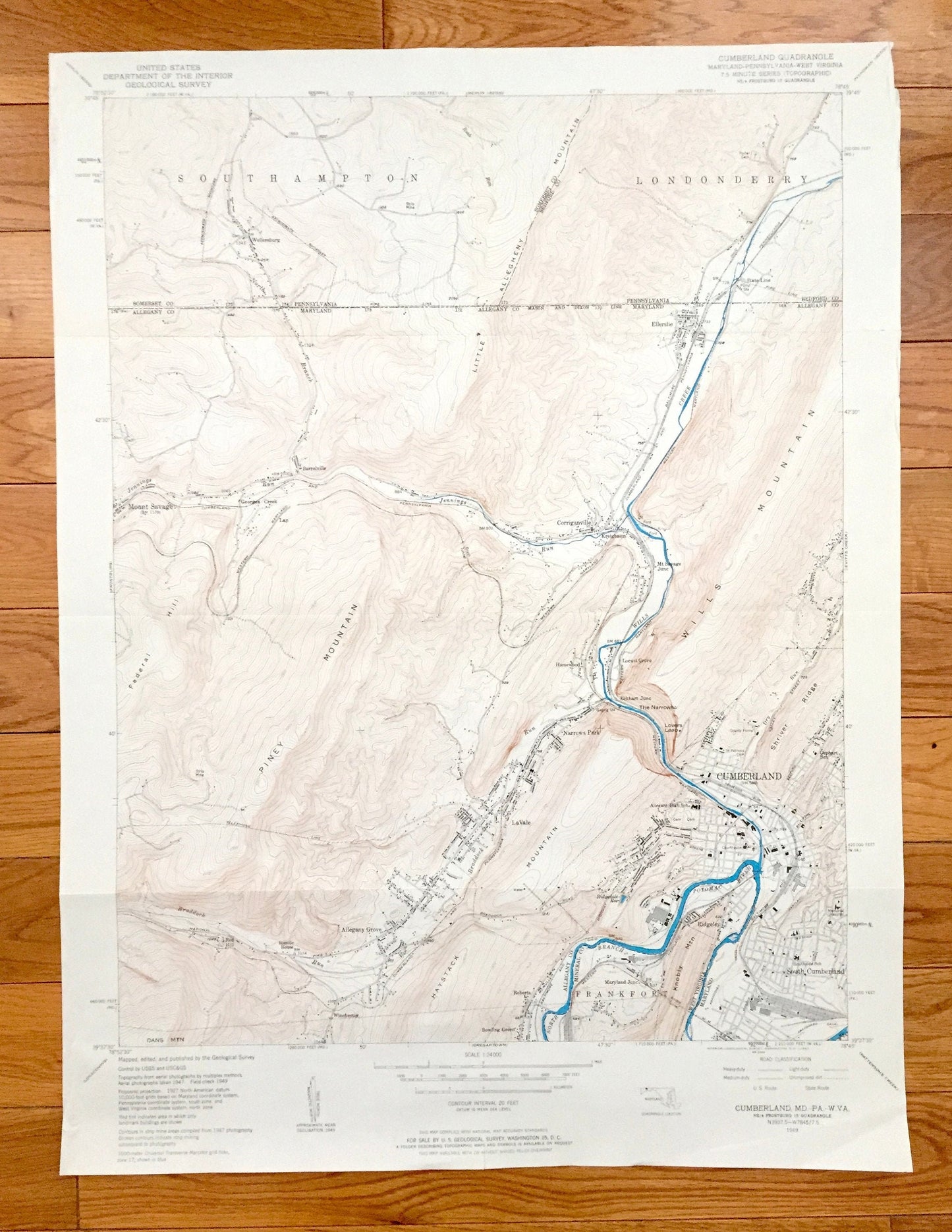 Antique Cumberland, Maryland 1949 US Geological Survey Topographic Map – Allegany County, Pennsylvania, West Virginia, Ridgeley Ellerslie MD
