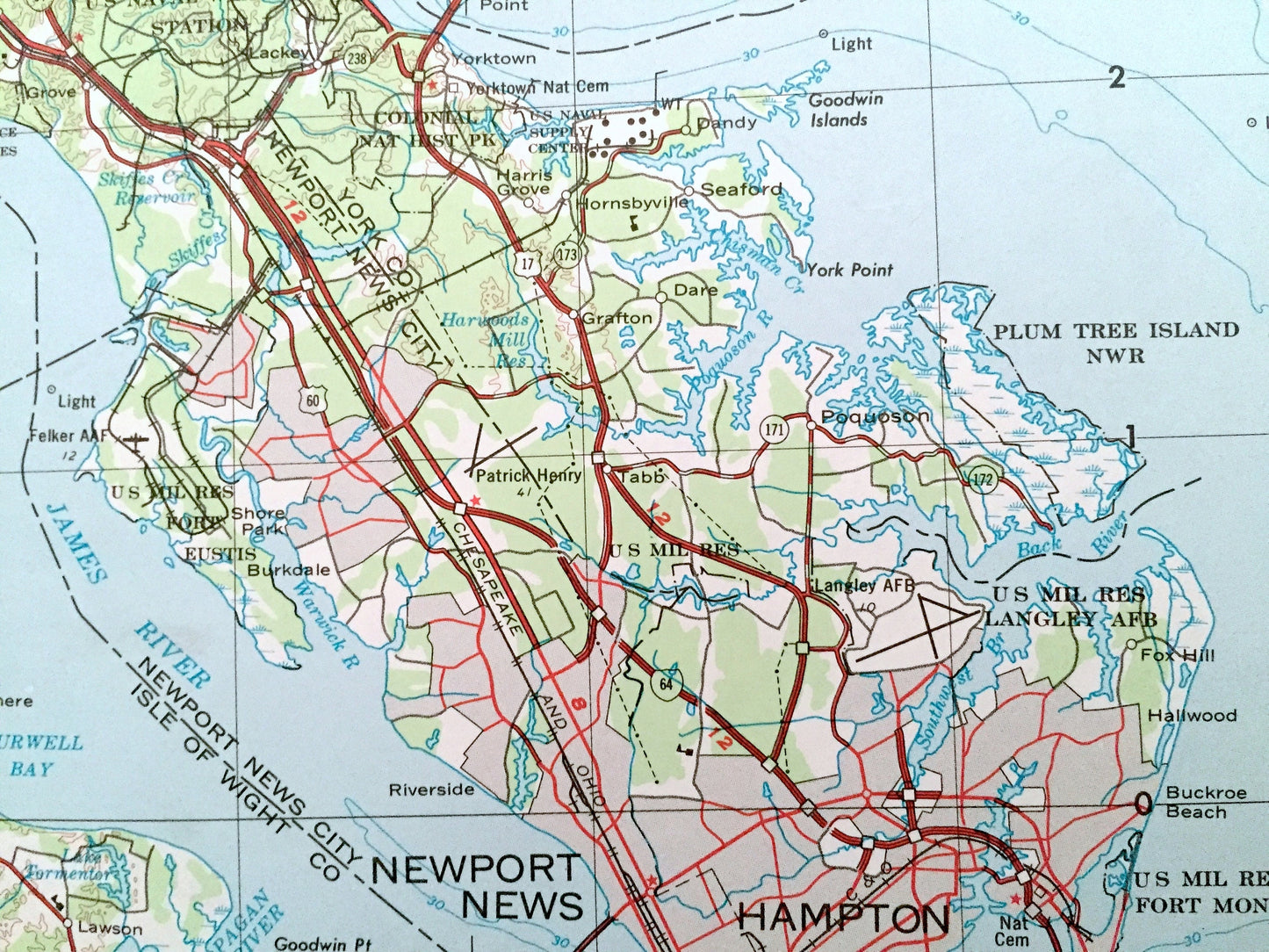 Antique Richmond, Virginia 1973 US Geological Survey Topographic Map – Petersburg, Newport News, Williamsburg, Chesapeake Bay, Yorktown, VA