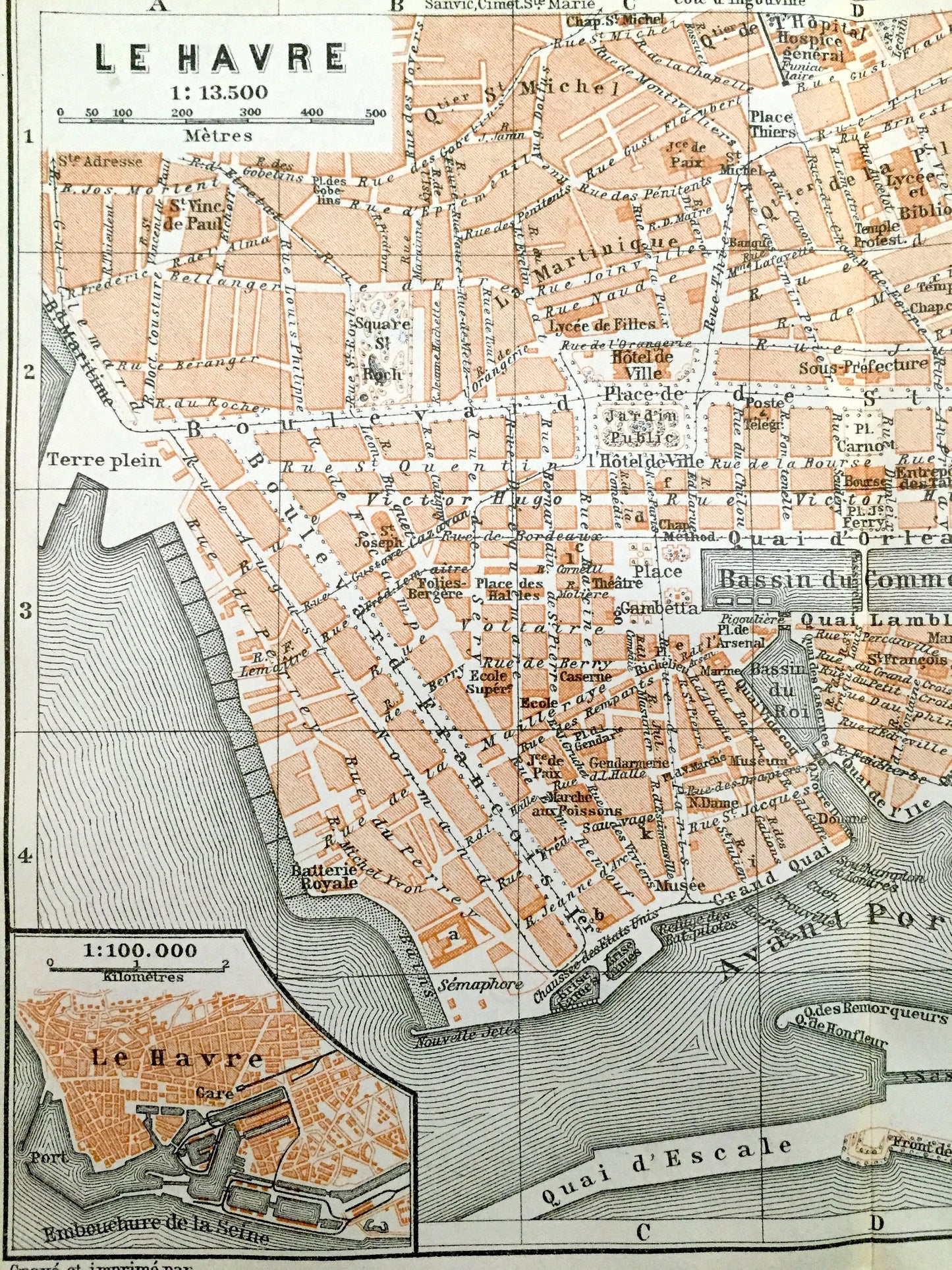 Antique 1909 Le Havre, France Map from Baedekers Guide Atlas – Seine River, Normady, English Channel, Port, Bassin, Boulevard de Strasbourg