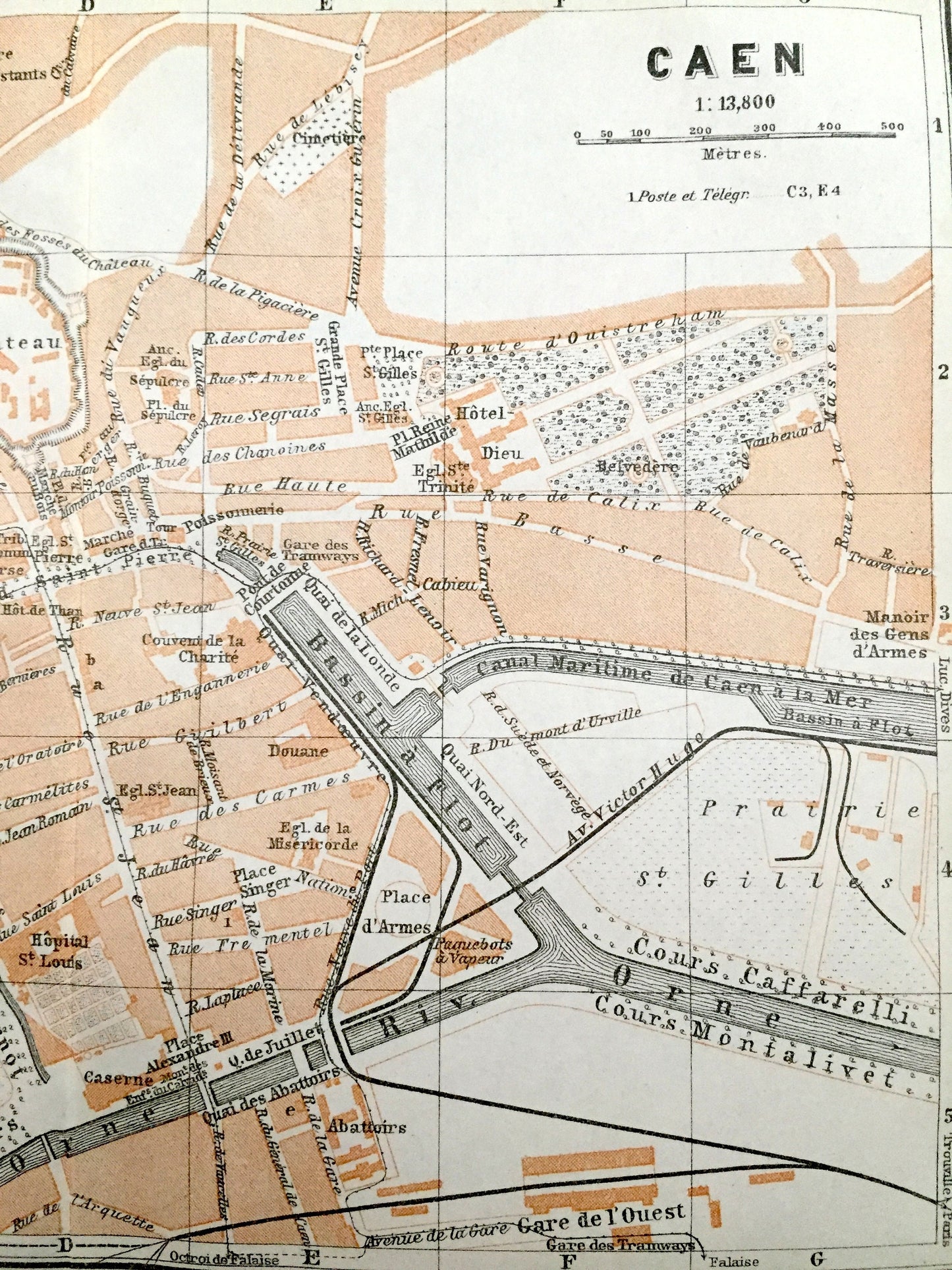 Antique 1909 Caen, France Map from Baedekers Guide Atlas – Calvados department, Normandy, Château de Caen, William the Conquerer, Hippodrome