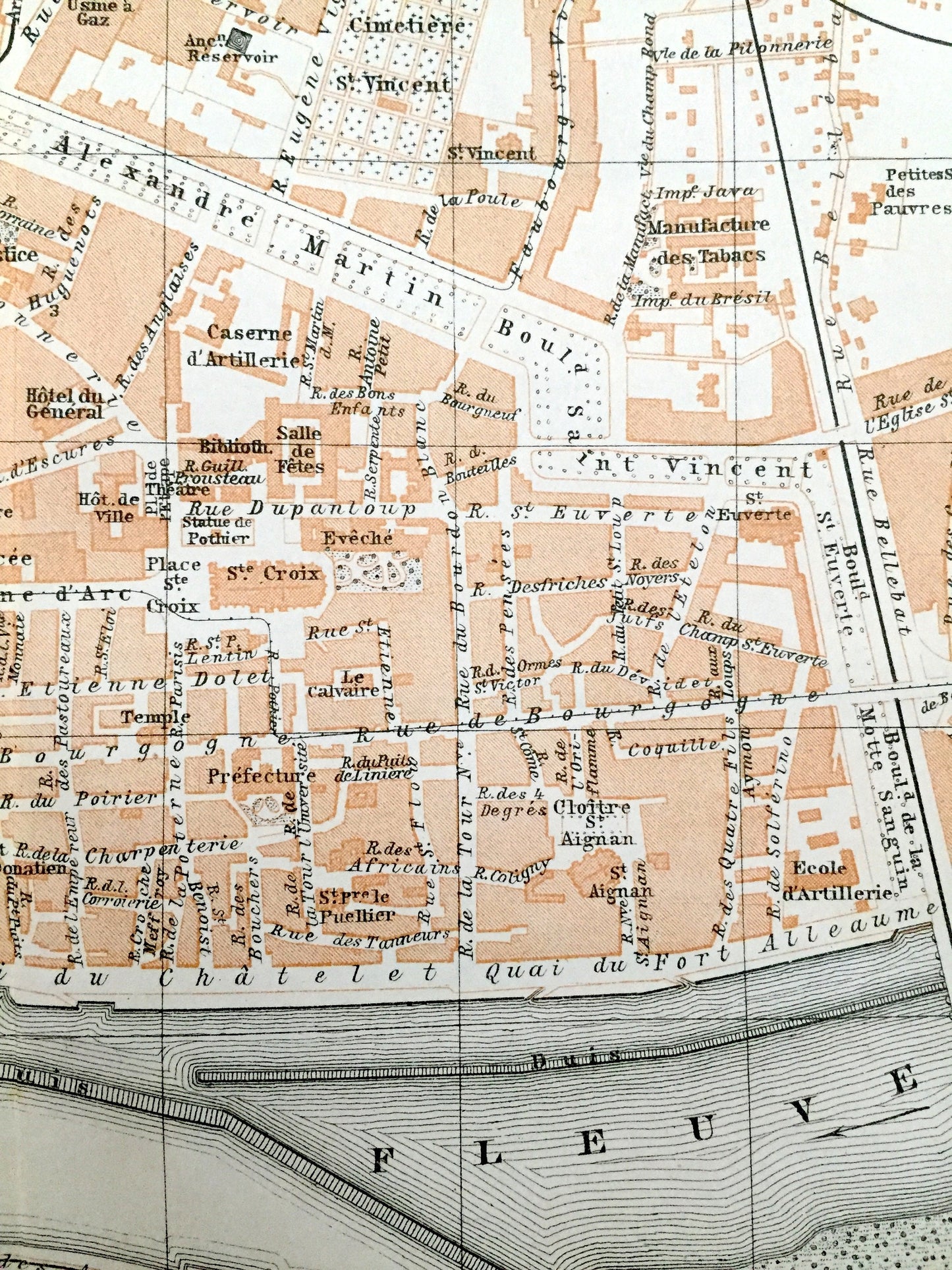Antique 1909 Orleans, France Map from Baedekers Guide Atlas – Loire River, Joan of Arc history, Centre-Val de Loire, Faubourg Marceau, Gare
