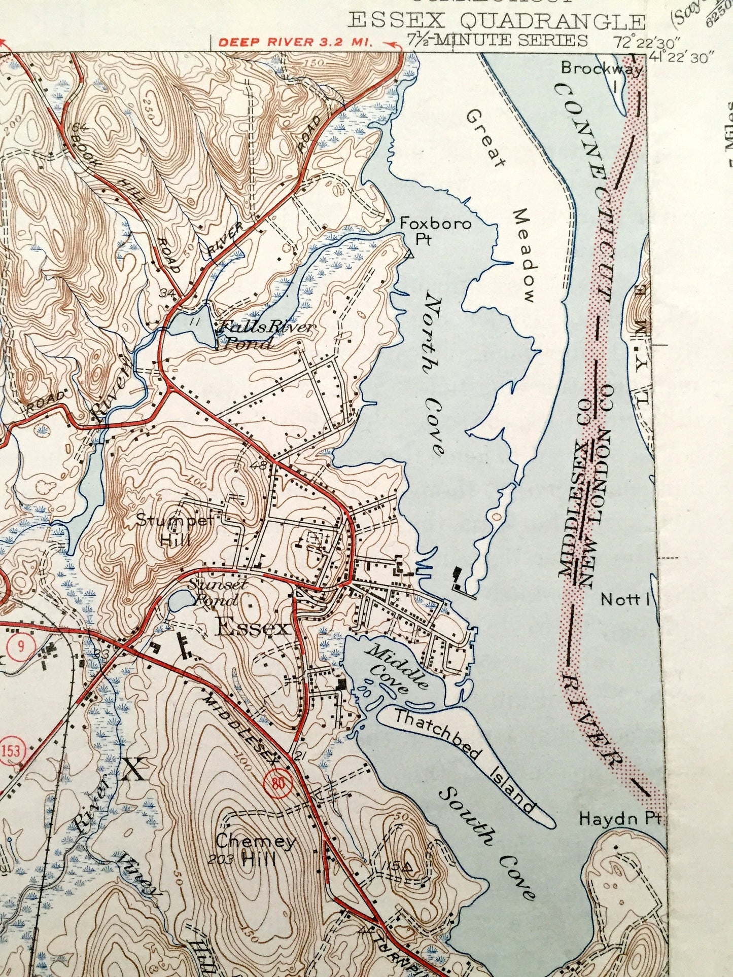 Antique Essex, Connecticut 1944 US Geological Survey Topographic Map – Old Saybrook, Westbrook, Ivoryton, Centerbrook, Grove Beach, Clinton