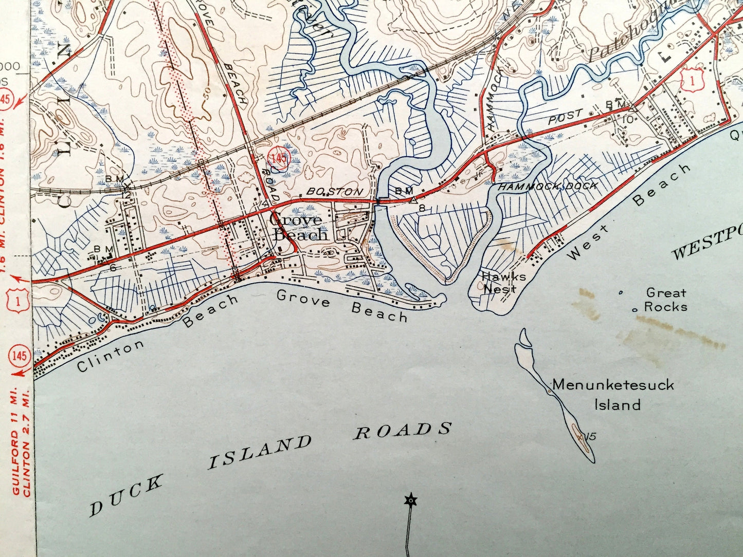 Antique Essex, Connecticut 1944 US Geological Survey Topographic Map – Old Saybrook, Westbrook, Ivoryton, Centerbrook, Grove Beach, Clinton