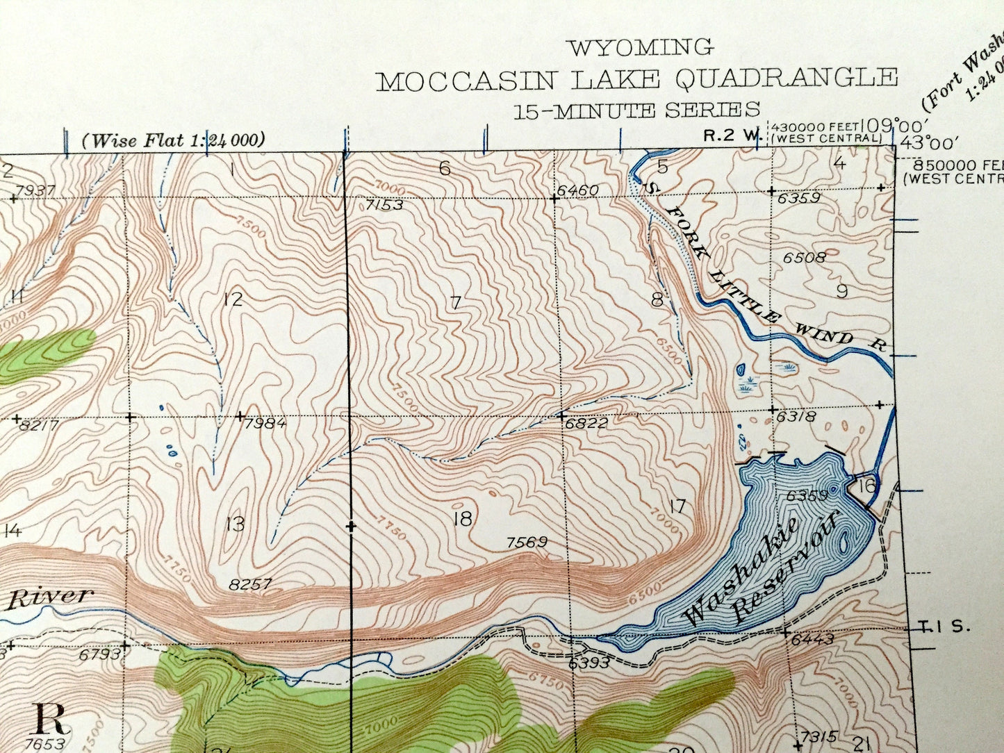 Antique Mocassin Lake, Wyoming 1937 US Geological Survey Topographic Map – Wind River Indian Reservation, Shoshone National Forest, WY