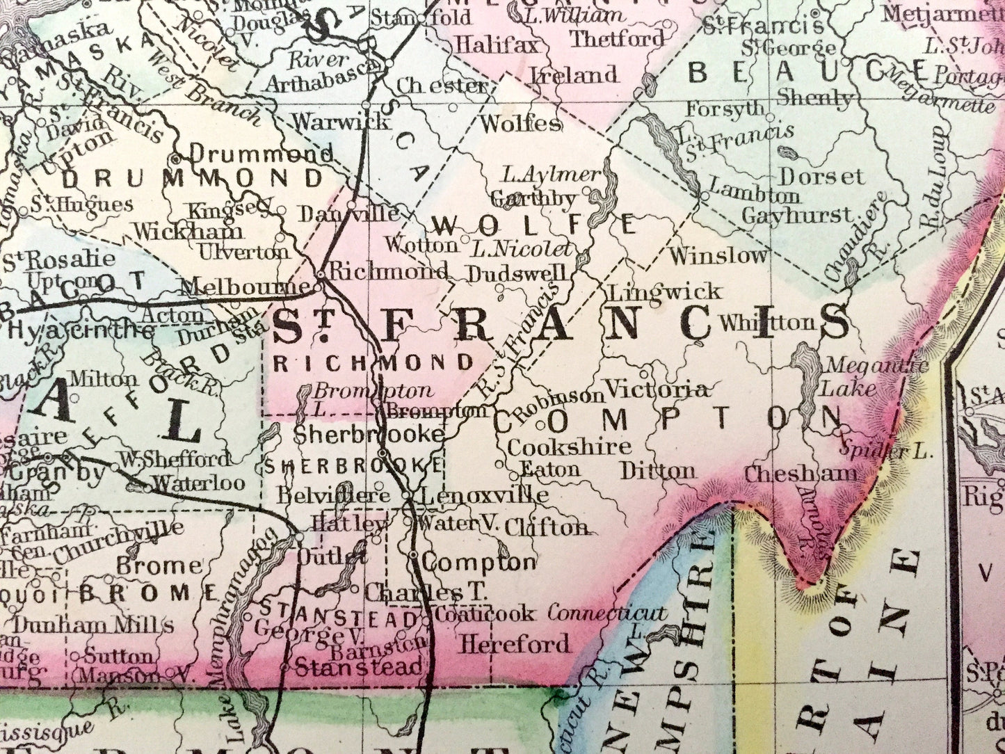 Antique 1871 Quebec, Canada Map by S.A. Mitchell – Montreal, Three Rivers, St. Francis, Terre Bonne, City, Sherbrooke, New Brunswick, QC