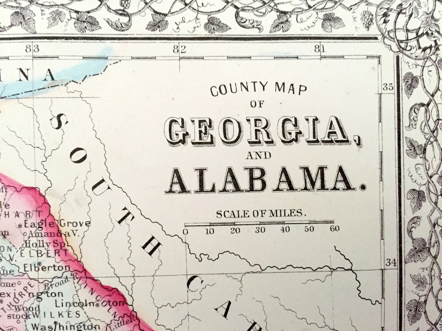 Antique 1871 Georgia & Alabama State Map by S.A. Mitchell – Atlanta, Mobile, Montgomery, Savannah, Birmingham, Athens Columbus Decatur GA AL
