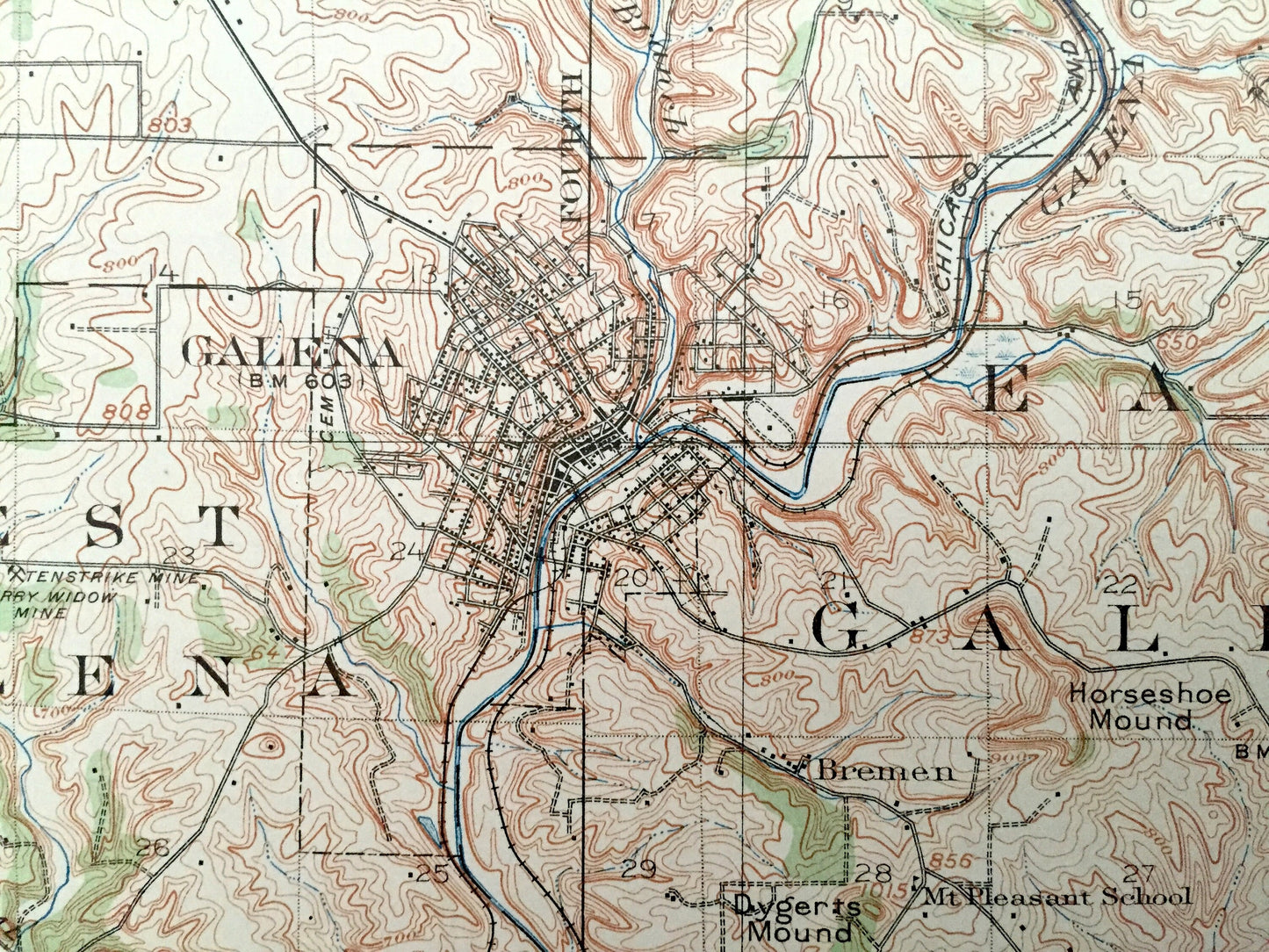 Antique Galena, Illinois 1913 US Geological Survey Topographic Map – Menominee, Rawlins, Scales Mound, Rice, Hanover, Bremen, Aiken, Iowa IL