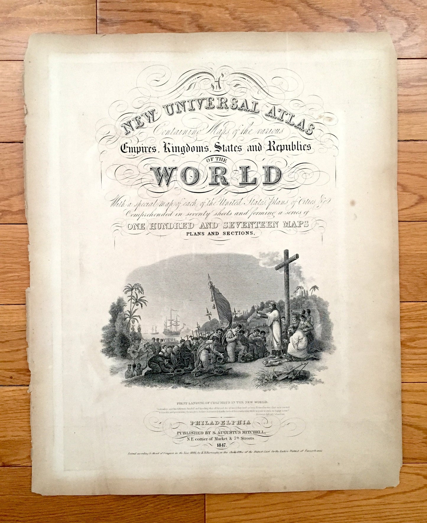 Antique 1847 Title Page from S.A. Mitchell New Universal Atlas – Illustration, Front Matter, Christopher Columbus, New World, United States