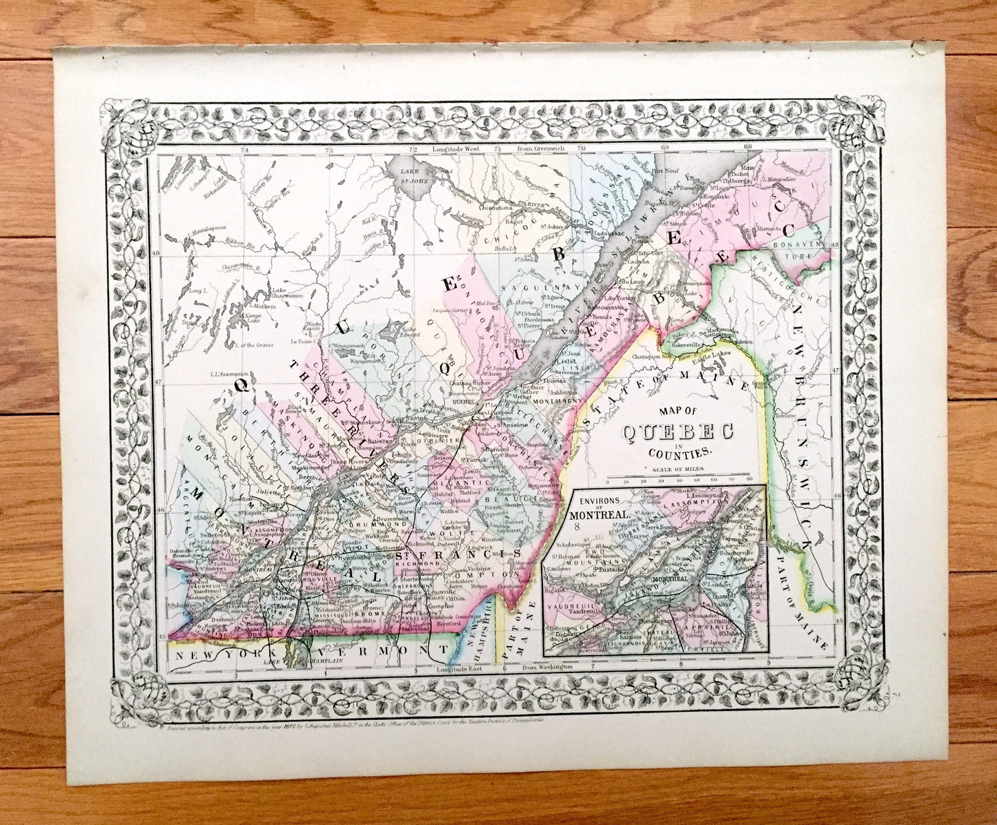 Antique 1871 Quebec, Canada Map by S.A. Mitchell – Montreal, Three Rivers, St. Francis, Terre Bonne, City, Sherbrooke, New Brunswick, QC
