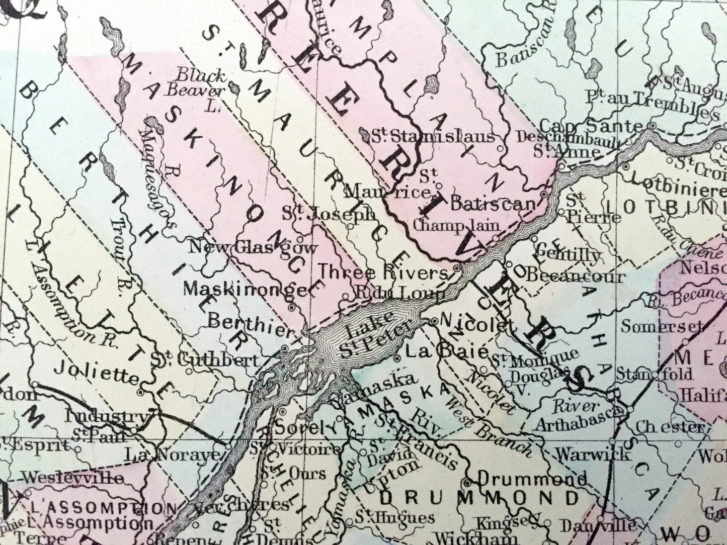 Antique 1871 Quebec, Canada Map by S.A. Mitchell – Montreal, Three Rivers, St. Francis, Terre Bonne, City, Sherbrooke, New Brunswick, QC