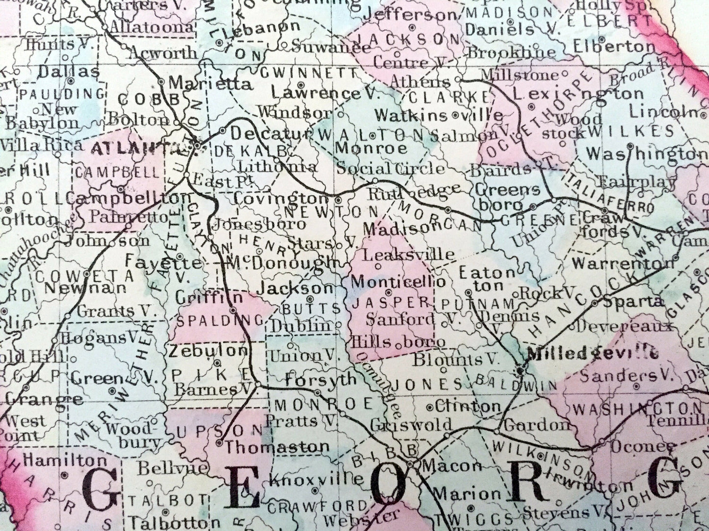 Antique 1871 Georgia & Alabama State Map by S.A. Mitchell – Atlanta, Mobile, Montgomery, Savannah, Birmingham, Athens Columbus Decatur GA AL