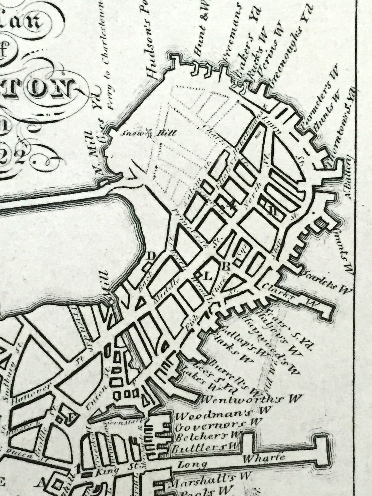 Antique 1722 Boston, Massachusetts Map published in 1825 by Abel Bowen Sc. – Pre-Revolutionary War, Harbor, Downtown, Church, Brattle MA