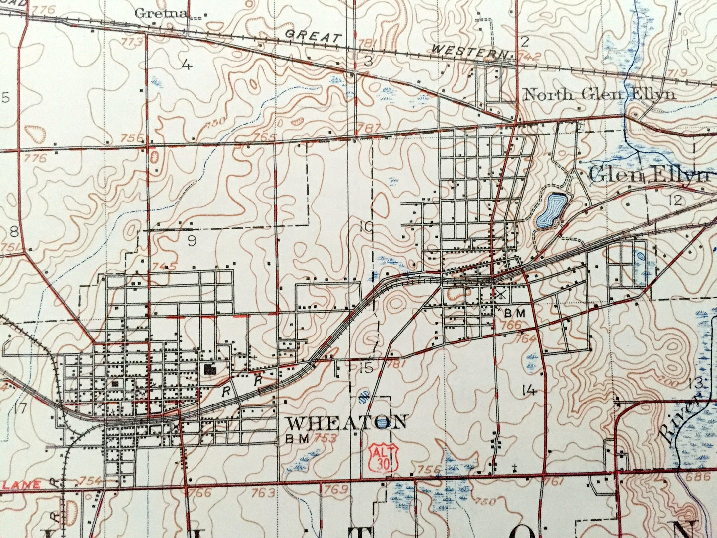 Antique Wheaton, Illinois 1908 US Geological Survey Topographic Map – West Chicago, Glen Ellen, Lombard, Naperville, Downers Grove, Wayne IL
