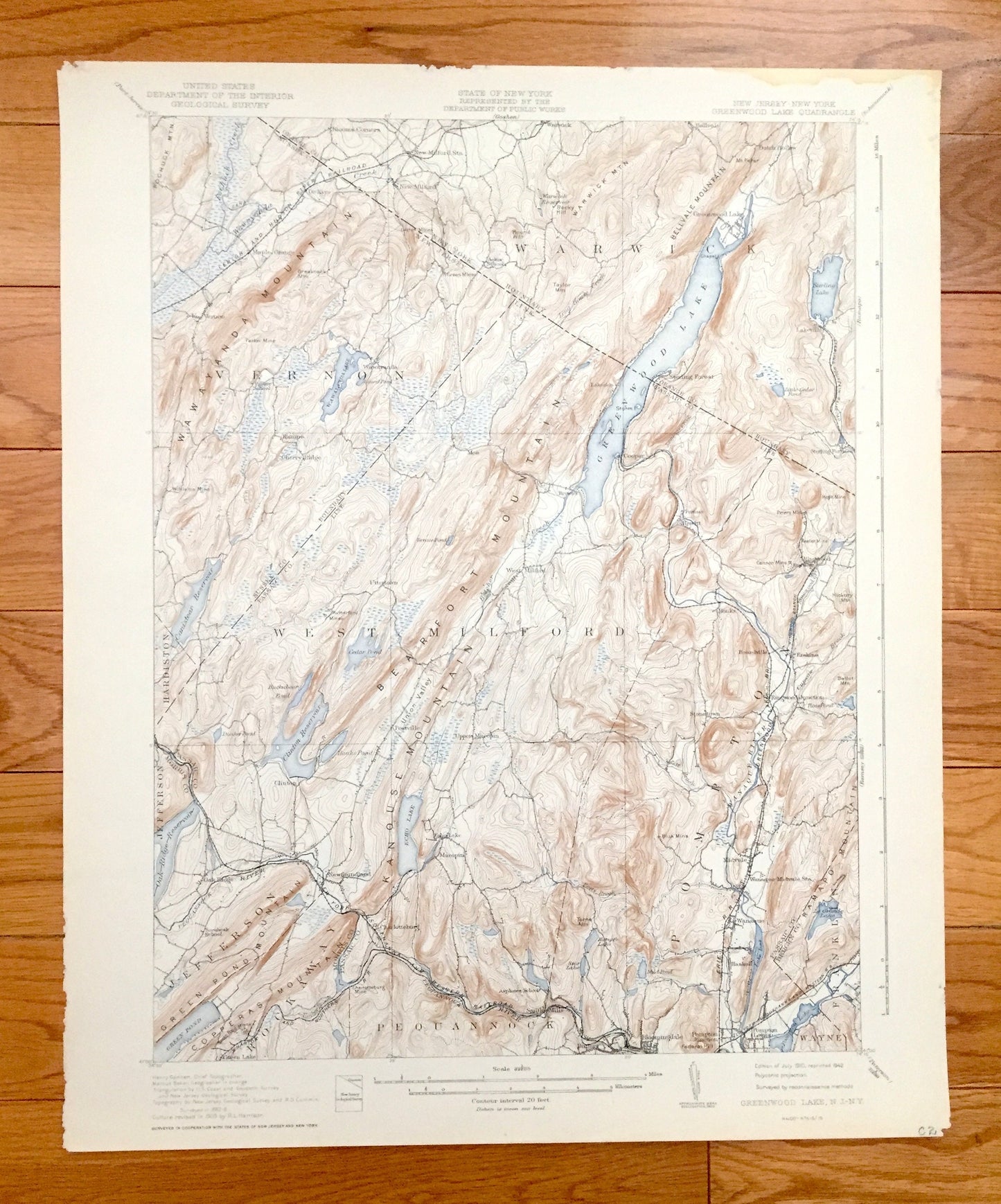 Antique Greenwood Lake, New Jersey & New York 1910 US Geological Survey Map – Warwick, Milford, Vernon, Pompton, Wawayanda, Passaic, Sussex