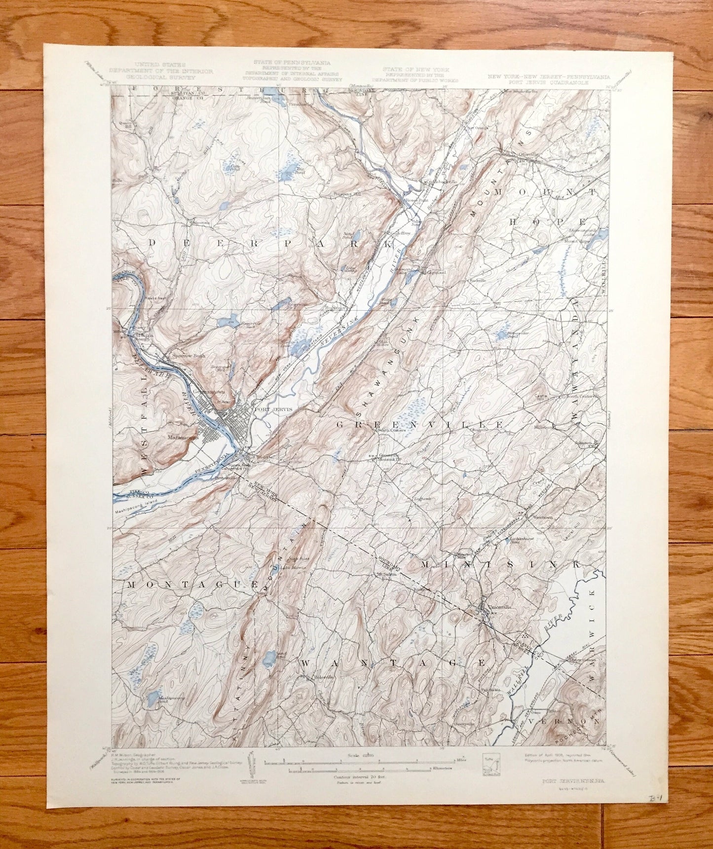 Antique Port Jervis, New York 1908 US Geological Survey Topographic Map – Matamoras, Orange, Sussex, Pike County, Neversink New Jersey NY NJ
