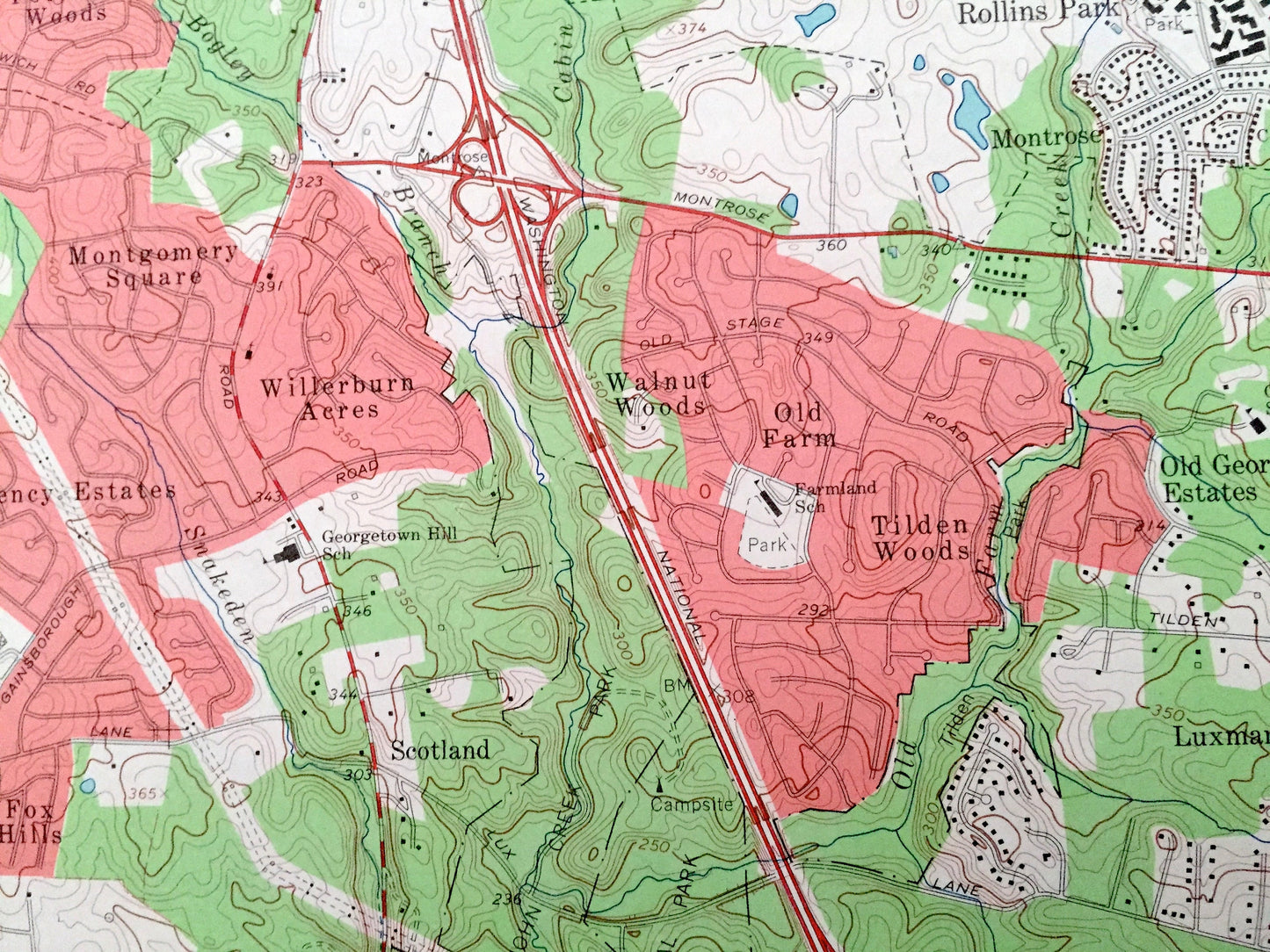 Antique Rockville, Maryland 1965 US Geological Survey Topographic Map – Gaithersburg, Walnut Woods, Croydon Park, Bethesda, Potomac, MD