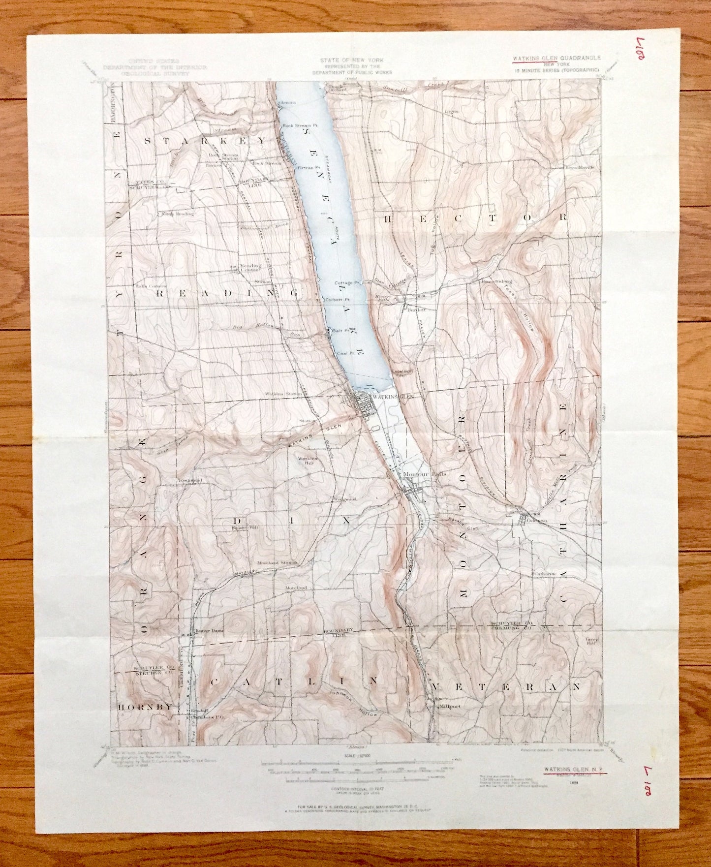 Antique Watkins Glen, New York 1898 US Geological Survey Topographic Map – Schuyler County, Montour, Catlin, Hornby, Hector, Reading NY