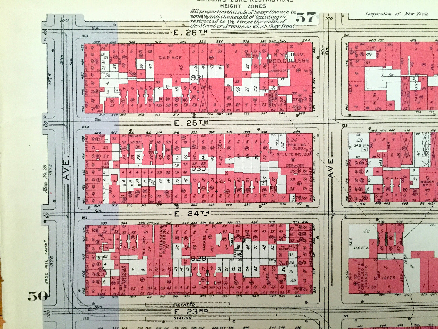 Antique Manhattan, New York Map from Bromley's 1934 Manhattan Land Book – Chelsea, Gramercy Park, Peter Cooper Village, Kips Bay Bellevue NY