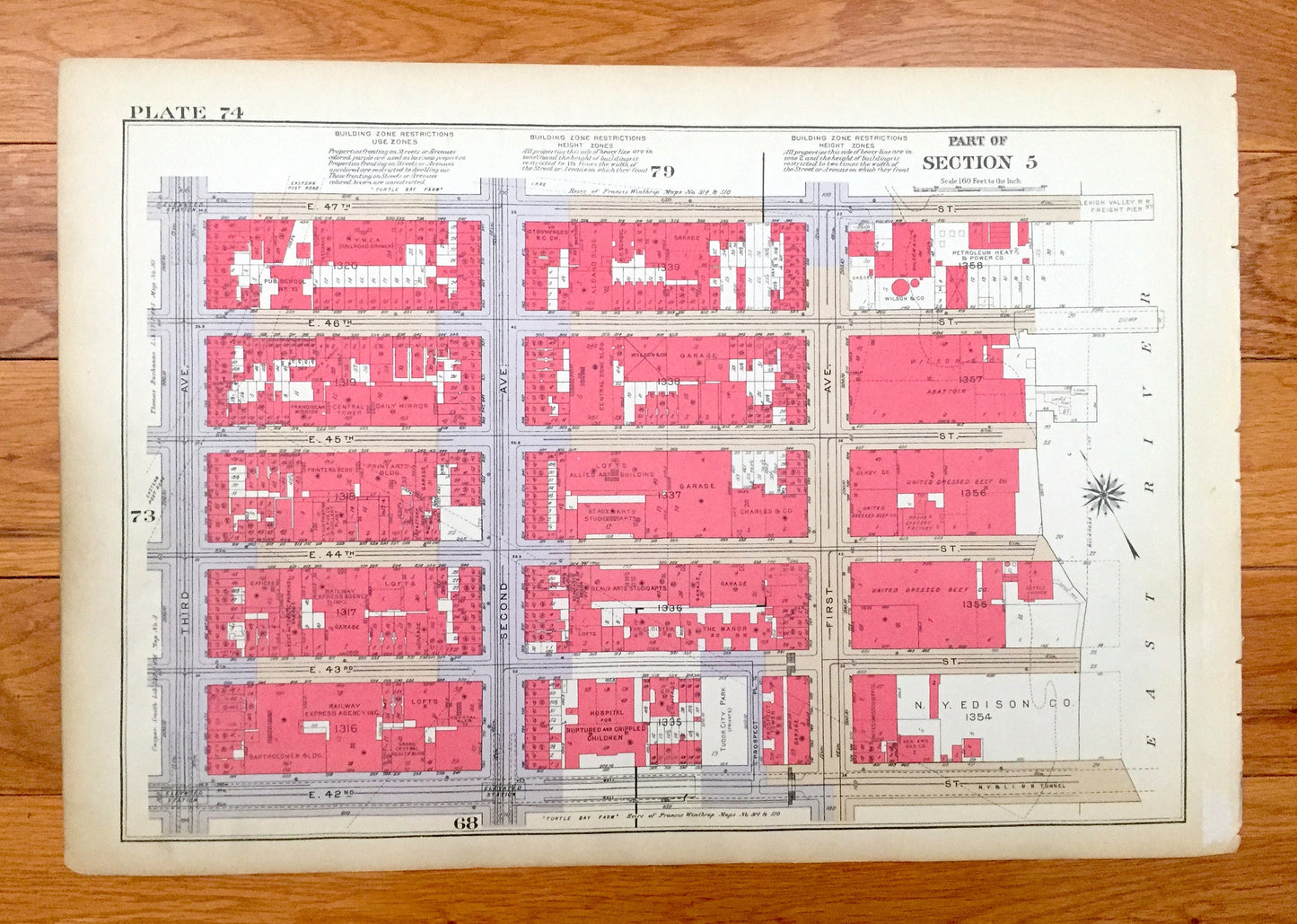 Antique Manhattan, New York Map from Bromley's 1934 Manhattan Land Book – Midtown, Turtle Bay, United Nations, Sutton Place East Side NY NYC
